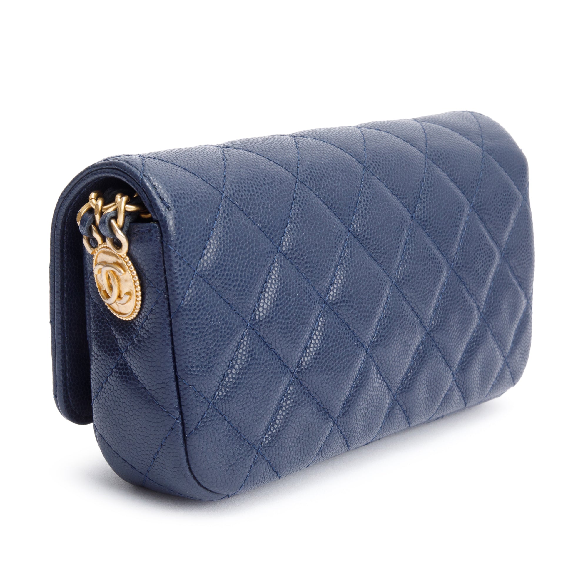 Chanel 2022 Navy Quilted Caviar Leather Twist Your Button Flap Phone Holder Crossbody Bag