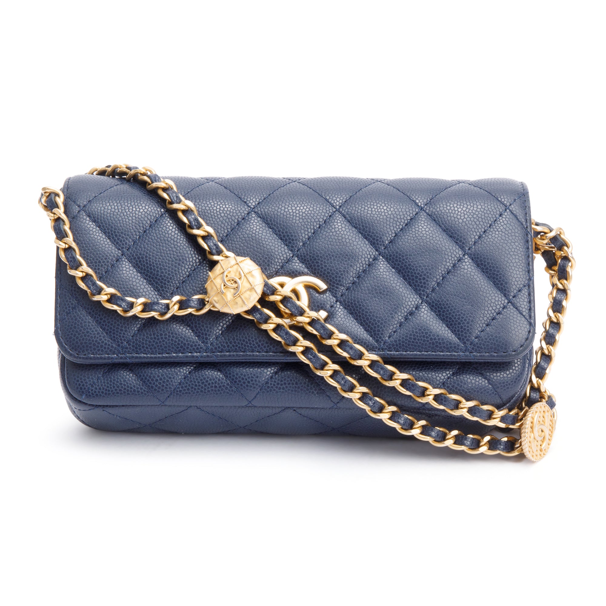 Chanel 2022 Navy Quilted Caviar Leather Twist Your Button Flap Phone Holder Crossbody Bag