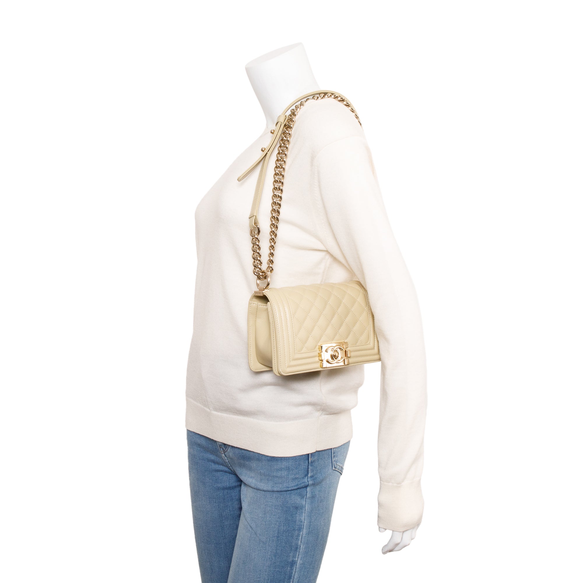 Chanel 2022 Neutral Caviar Leather Small Boy Bag w/ Box