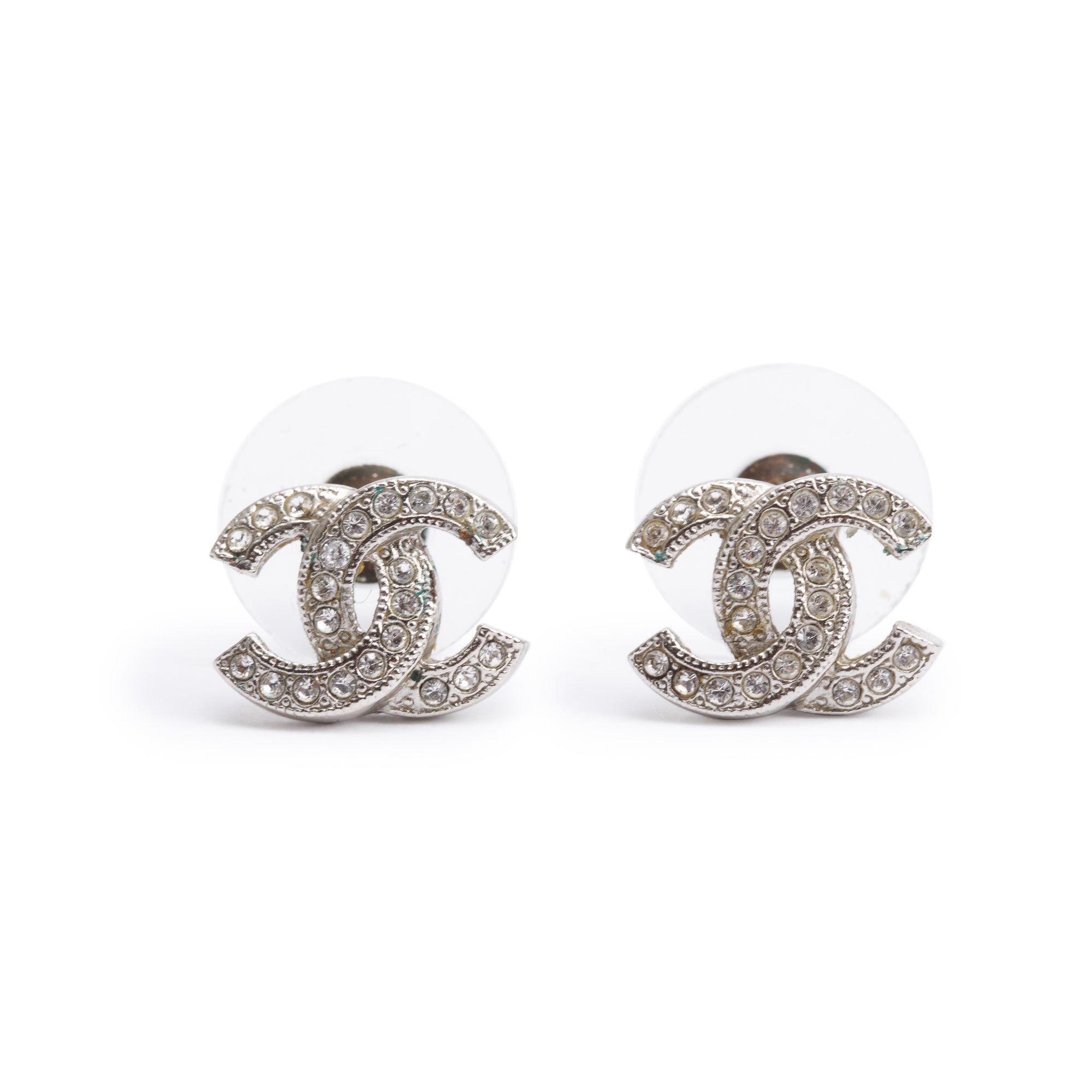 Chanel 2022 Palladium Plated Strass CC Stud Earrings