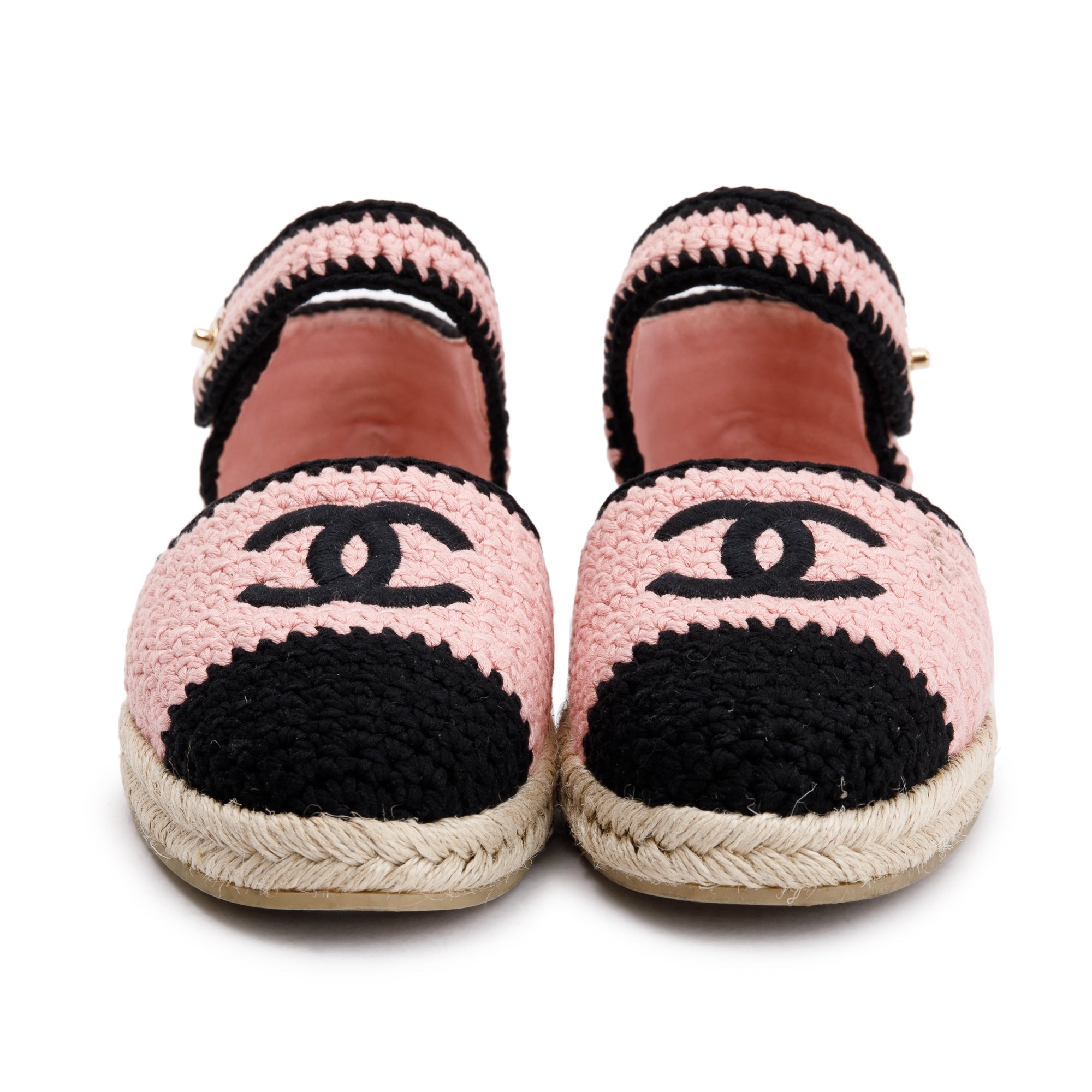 Chanel 2022 Pink/Black Braided Knit Interlocking CC Logo Ankle Strap Espadrilles, Size 41 w/ Box & Receipt