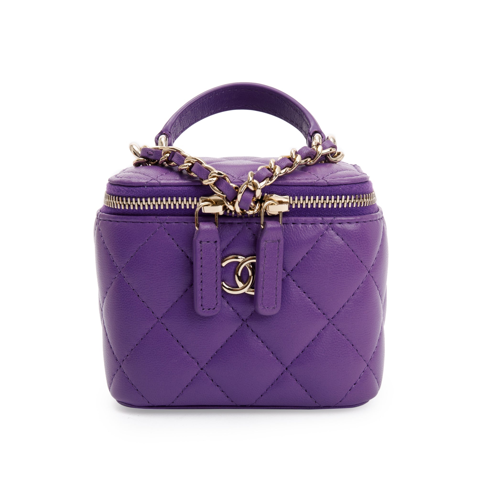Chanel 2022 Purple Lambskin Leather Mini Top Handle Vanity Case w/ Chain