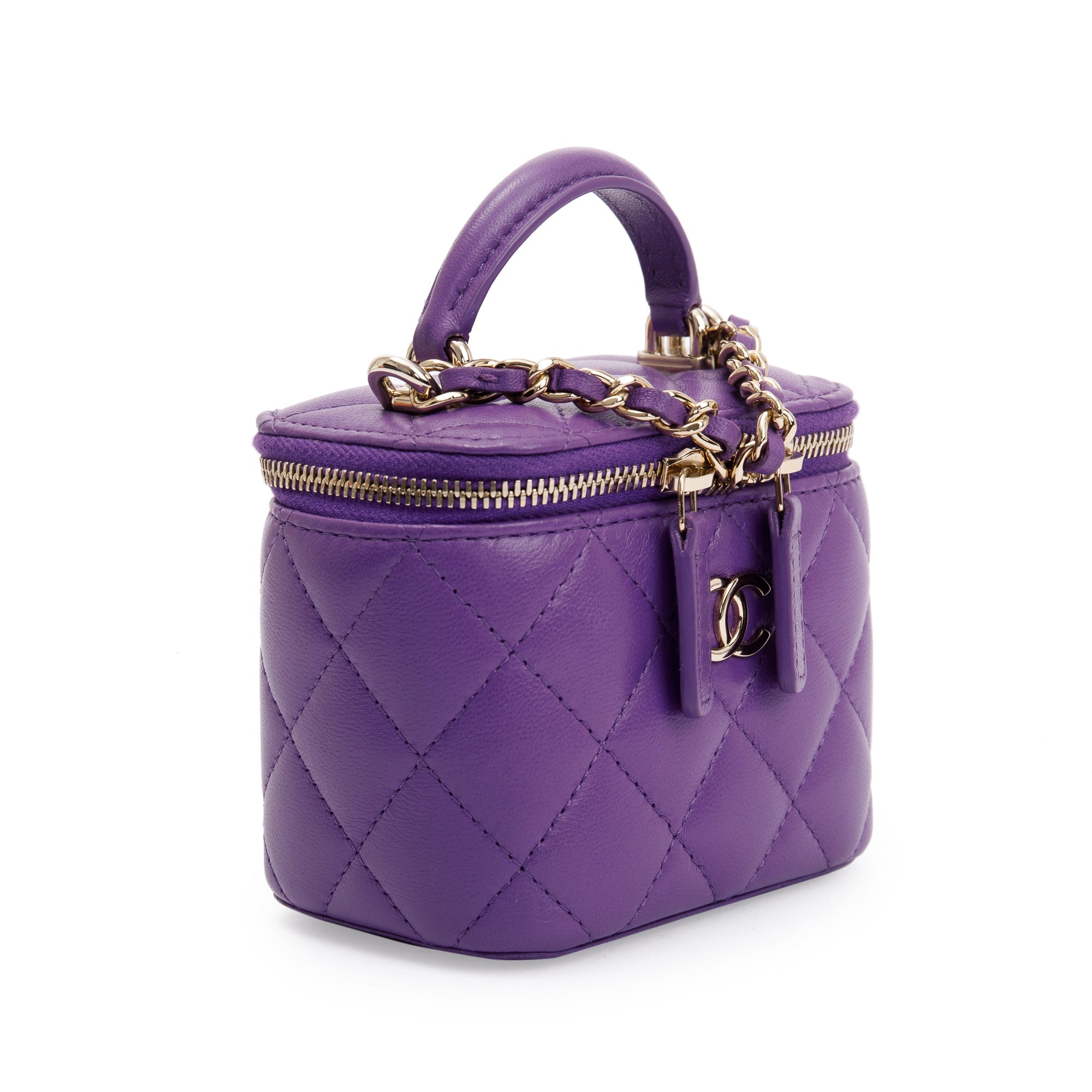 Chanel 2022 Purple Lambskin Leather Mini Top Handle Vanity Case w/ Chain