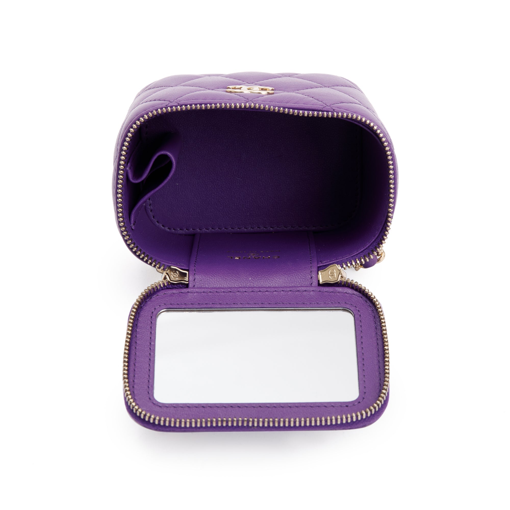 Chanel 2022 Purple Lambskin Leather Mini Top Handle Vanity Case w/ Chain