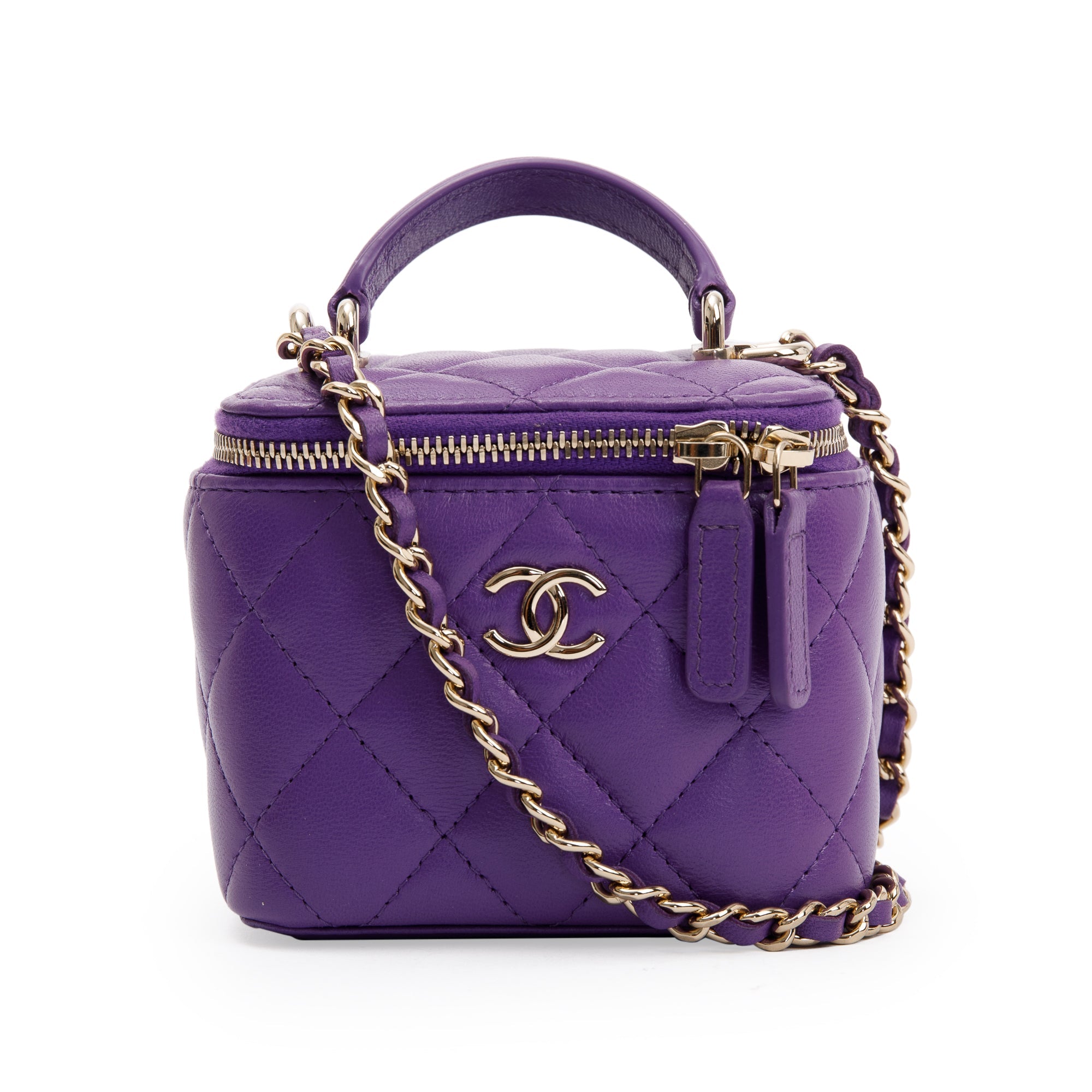 Chanel 2022 Purple Lambskin Leather Mini Top Handle Vanity Case w/ Chain
