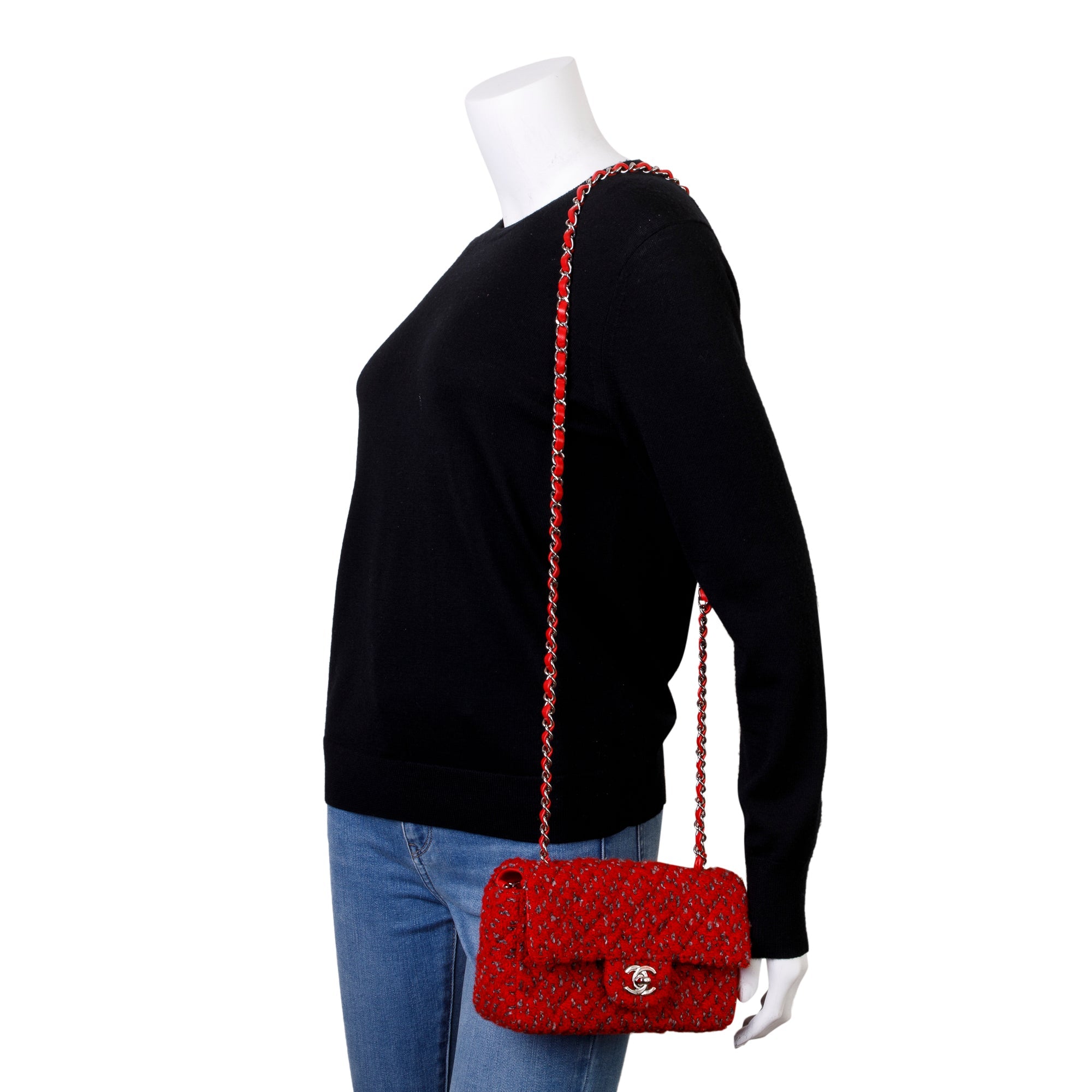 Chanel 2022 Red Tweed Classic Mini Rectangular Flap Bag