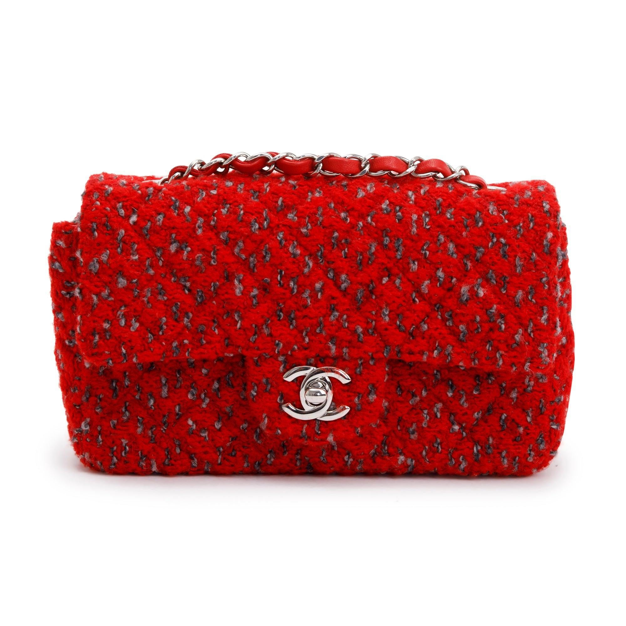 Chanel 2022 Red Tweed Classic Mini Rectangular Flap Bag
