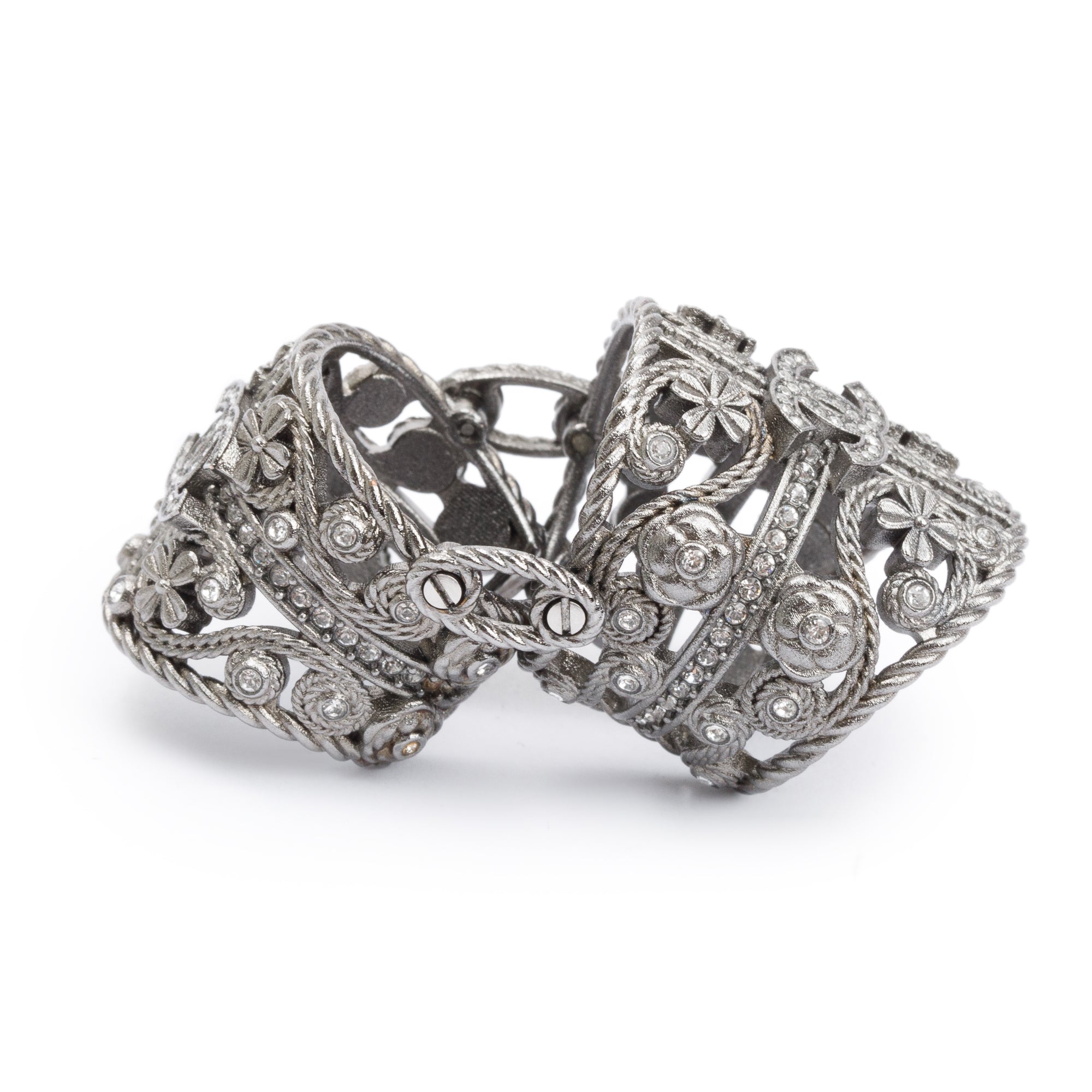 Chanel 2022 Ruthenium Plated Strass CC Armor Knuckle Ring, Size 6.5