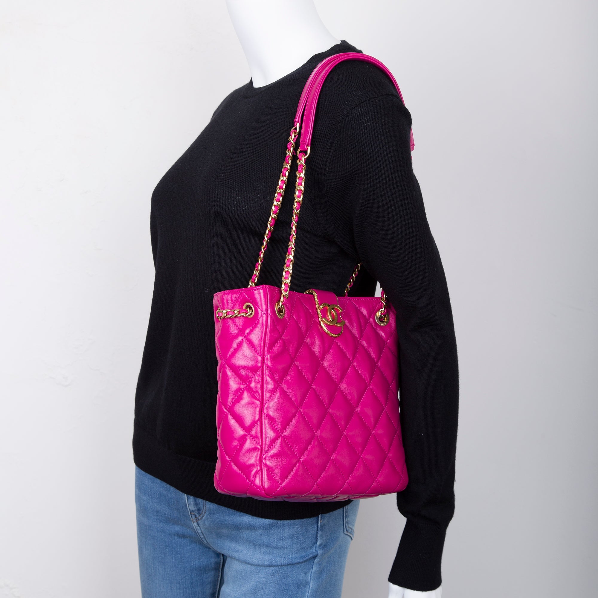 Chanel 2022 Small Pink Lambskin Leather Shopping Tote