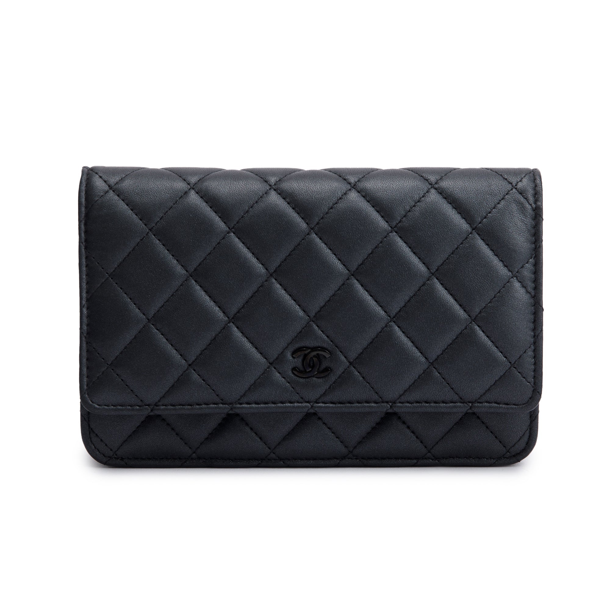 Chanel 2022 So Black Lambskin Leather Classic Wallet on Chain w/ Box