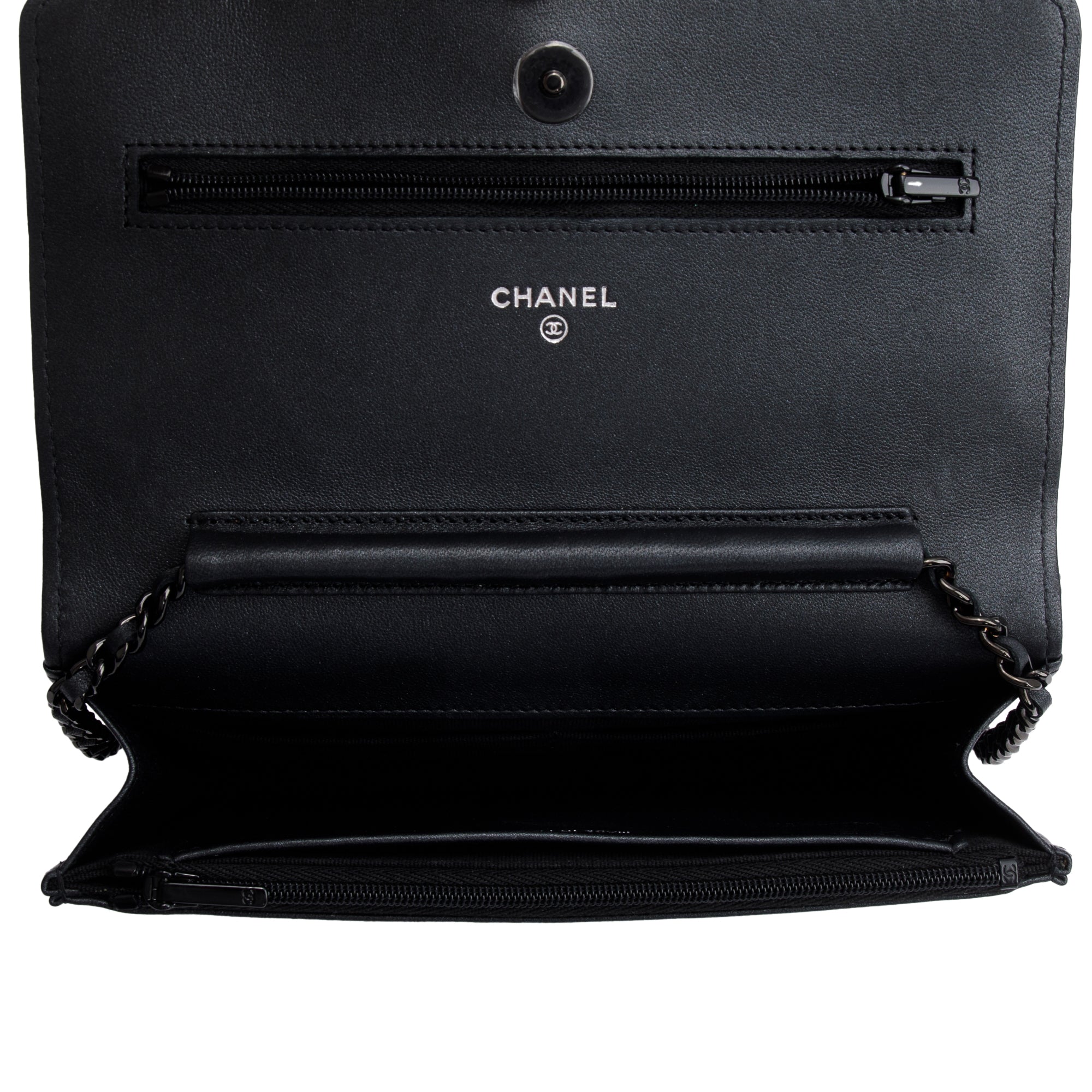 Chanel 2022 So Black Lambskin Leather Classic Wallet on Chain w/ Box