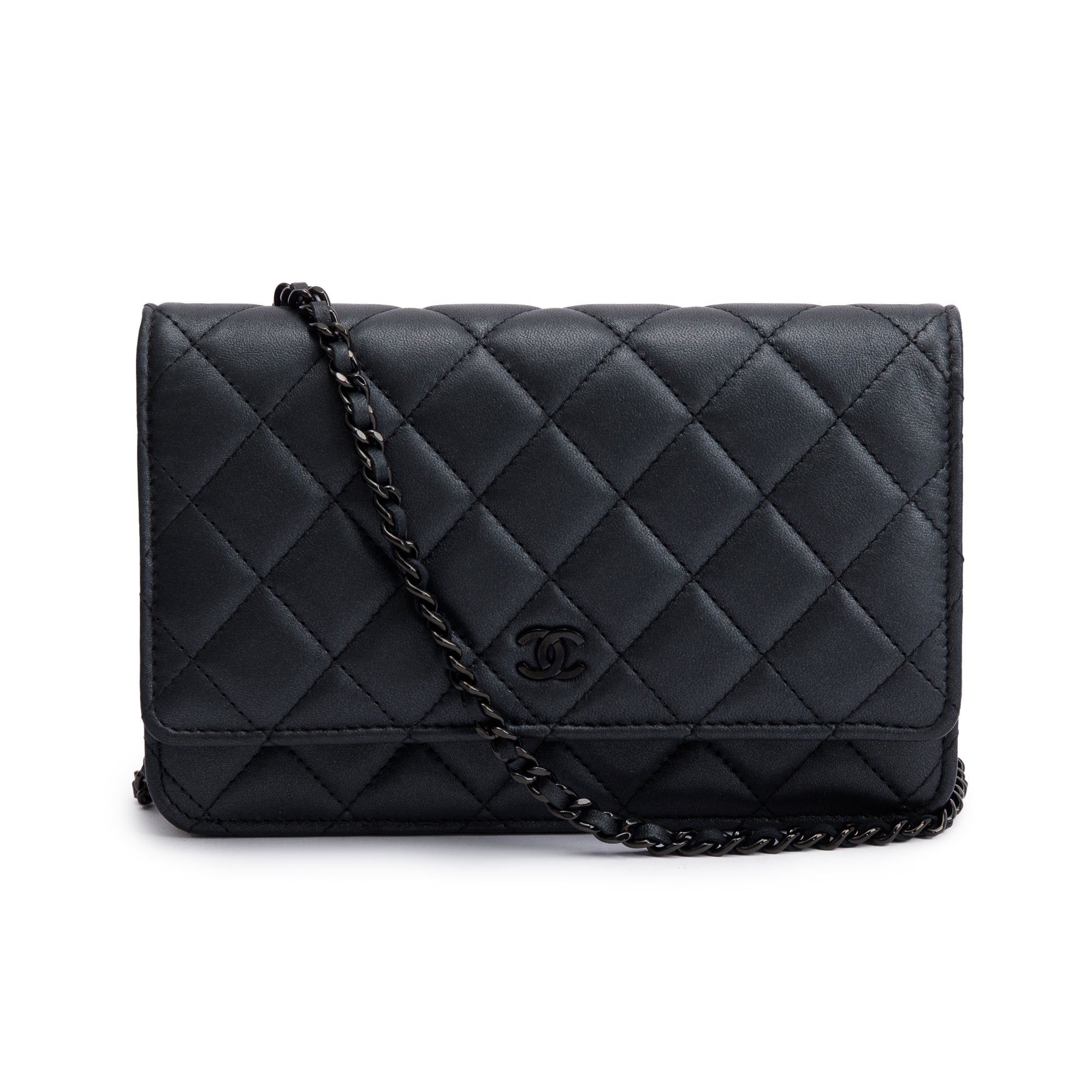 Chanel 2022 So Black Lambskin Leather Classic Wallet on Chain w/ Box