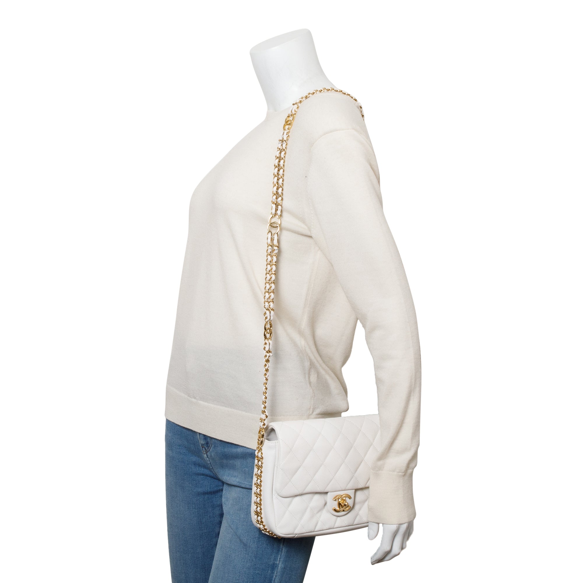 Chanel 2022 White Caviar Quilted Leather Small CC You Flap Bag w/ Box & Receipt