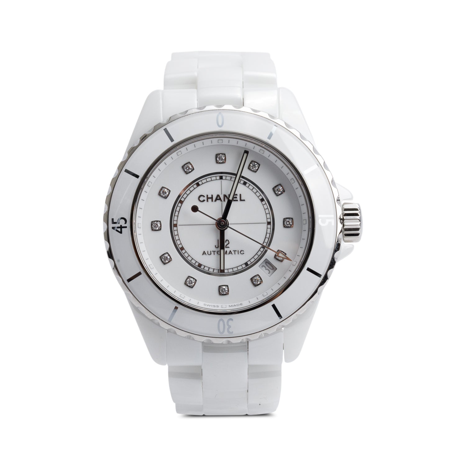 Chanel 2022 White Ceramic J12 38 MM Automatic Watch Diamond Dial w/ Box & Papers