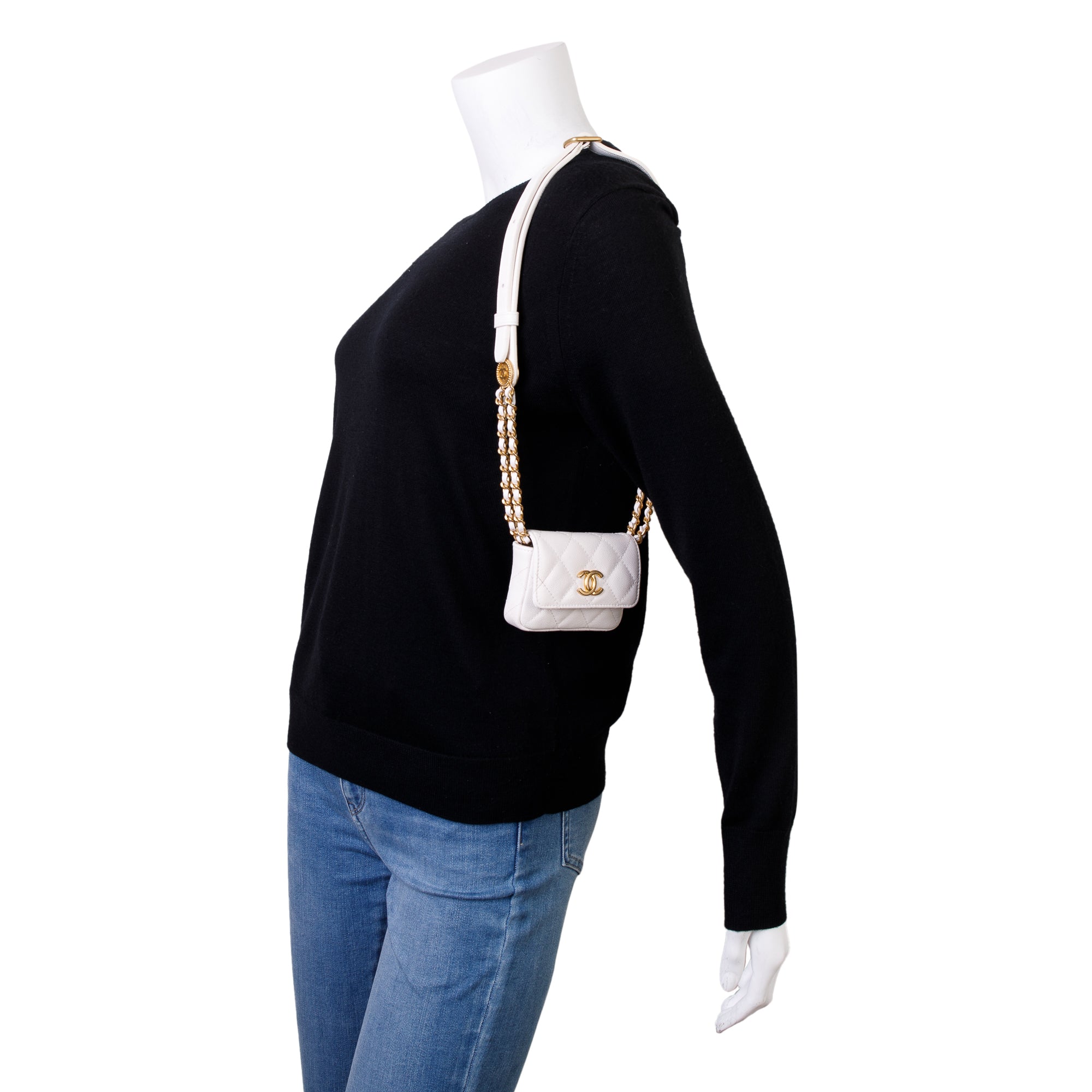 Chanel 2022 White Quilted Caviar Leather Twist Your Buttons Flap Chain Belt Bag w/ Box