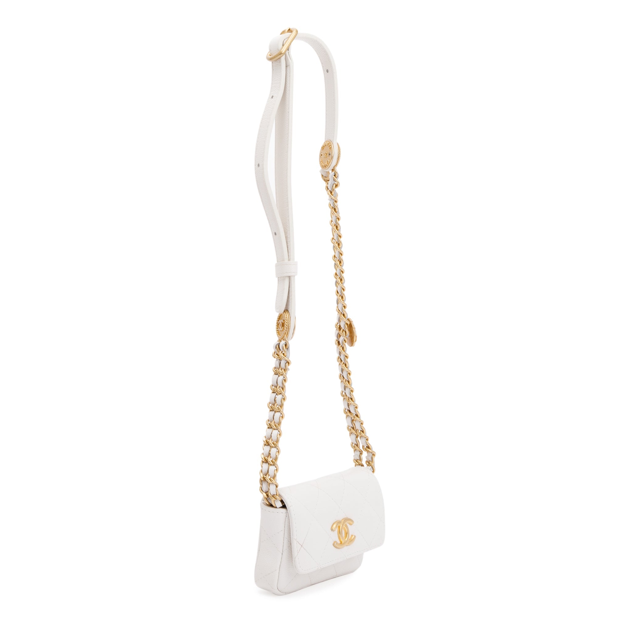 Chanel 2022 White Quilted Caviar Leather Twist Your Buttons Flap Chain Belt Bag w/ Box