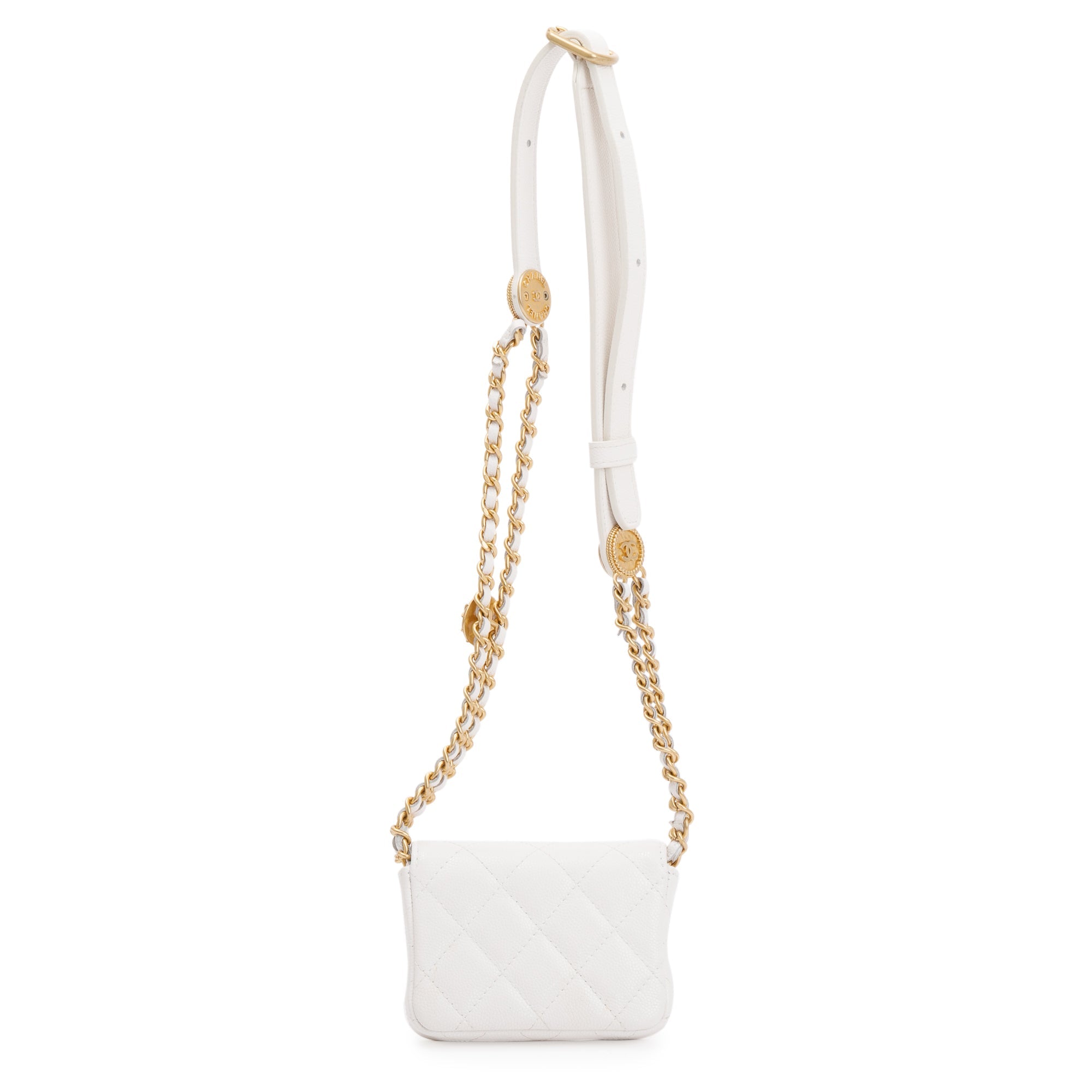 Chanel 2022 White Quilted Caviar Leather Twist Your Buttons Flap Chain Belt Bag w/ Box