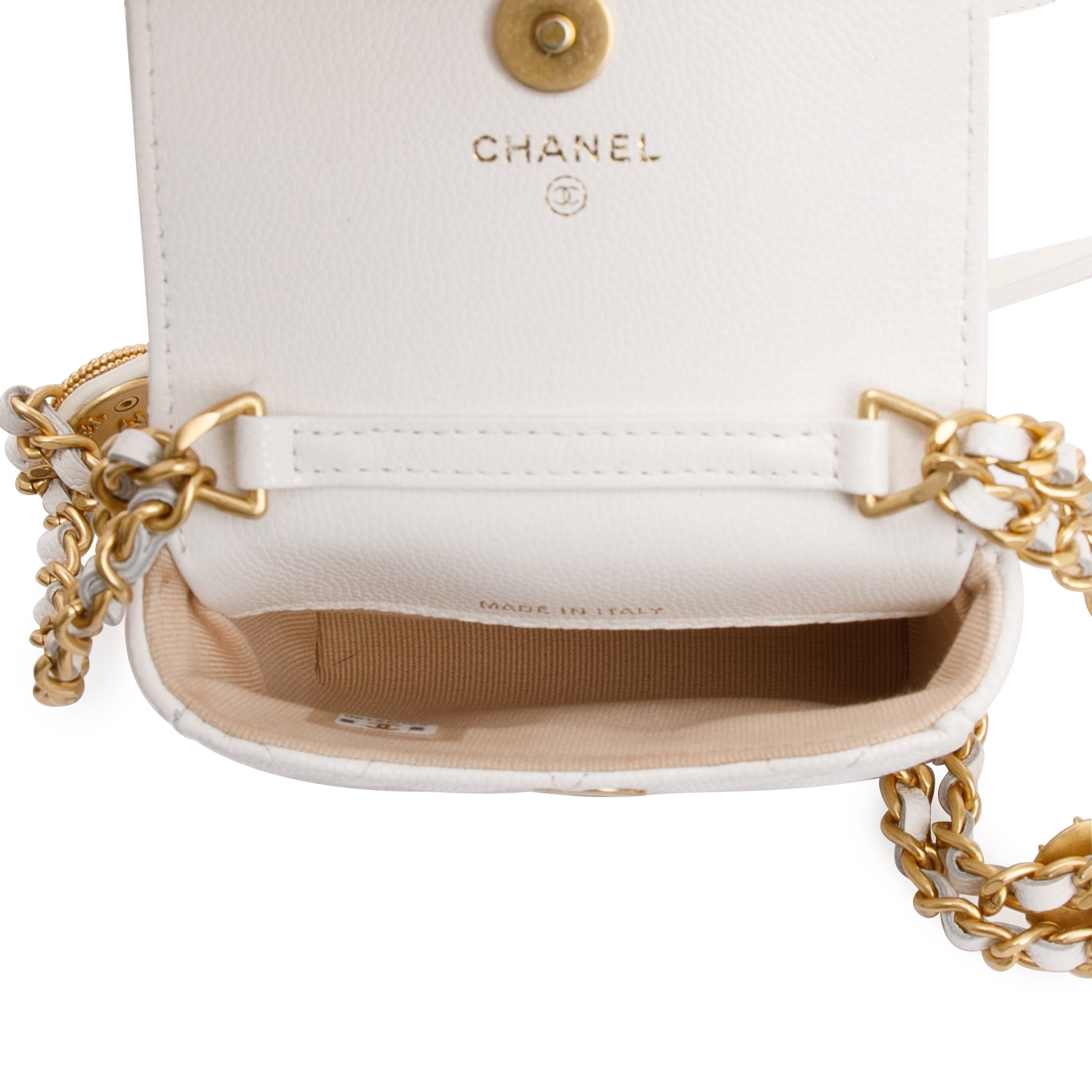 Chanel 2022 White Quilted Caviar Leather Twist Your Buttons Flap Chain Belt Bag w/ Box