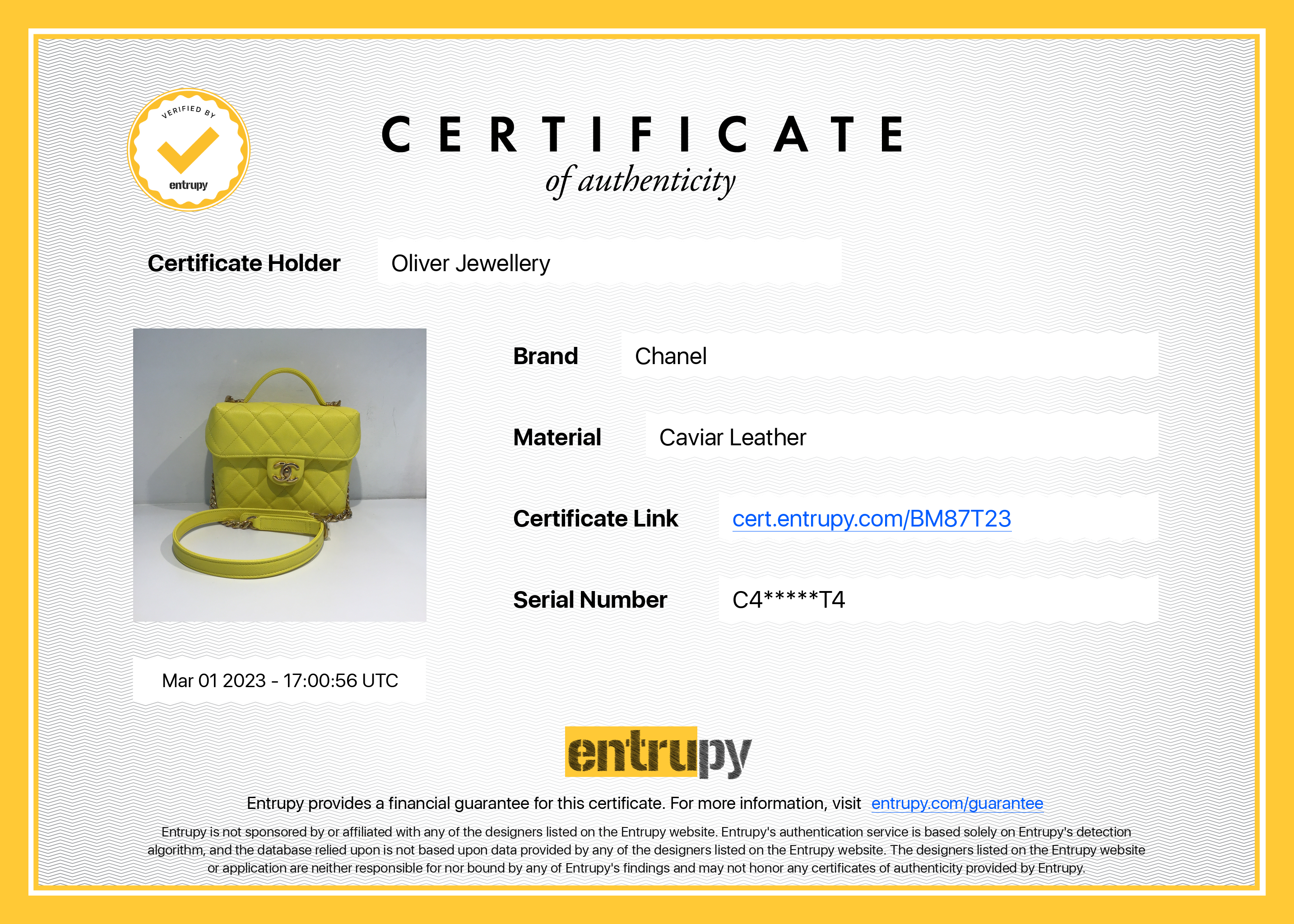 Chanel 2022 Yellow Caviar Leather Small Vanity Case