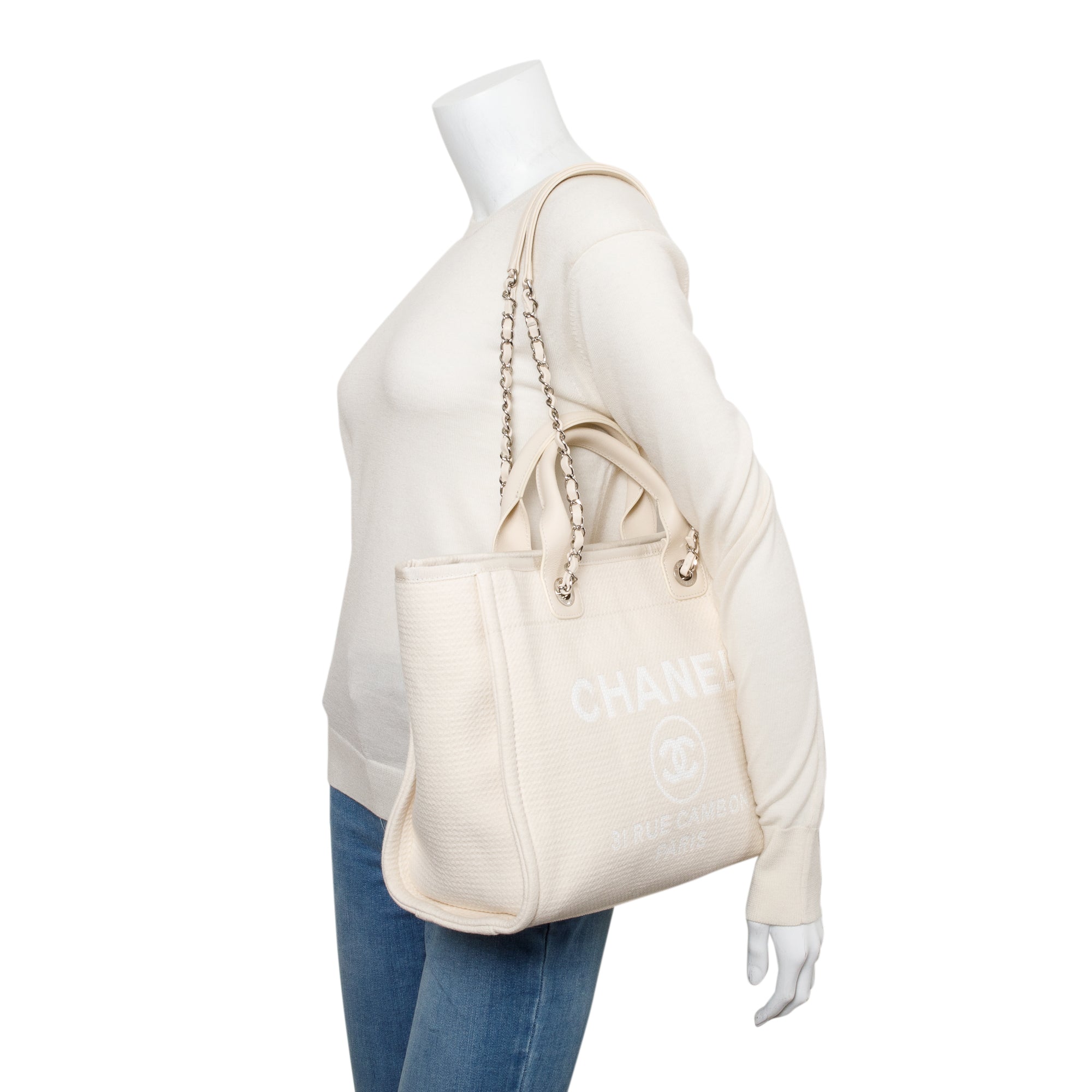 Chanel 2023 Beige Canvas Small Deauville Tote w/ Pouch, Receipt & Box