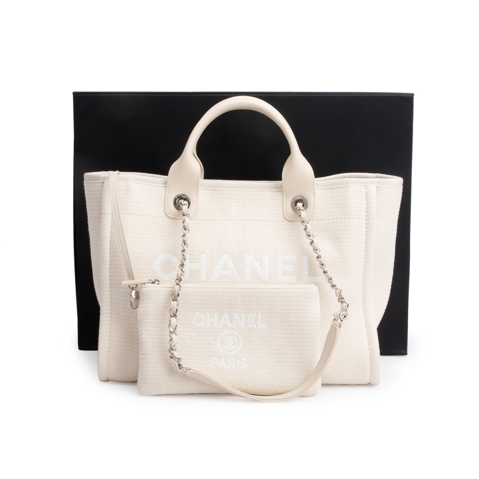 Chanel 2023 Beige Canvas Small Deauville Tote w/ Pouch, Receipt & Box