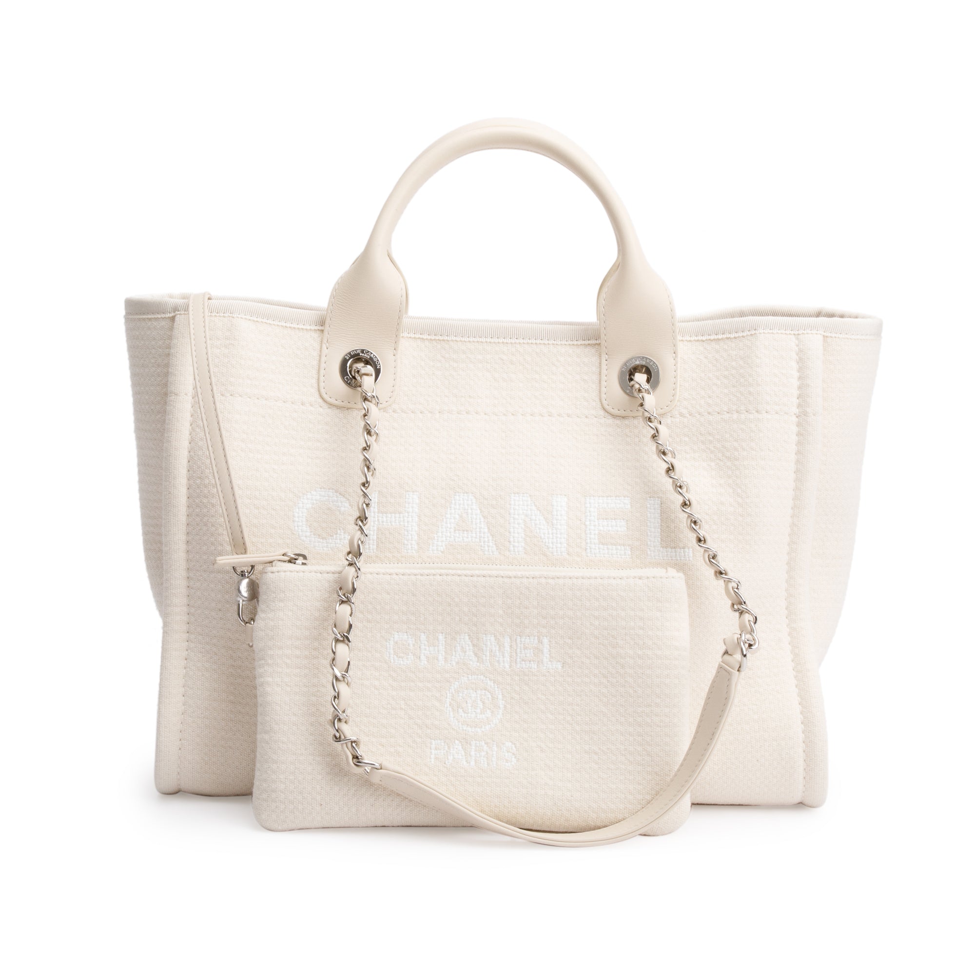Chanel 2023 Beige Canvas Small Deauville Tote w/ Pouch, Receipt & Box
