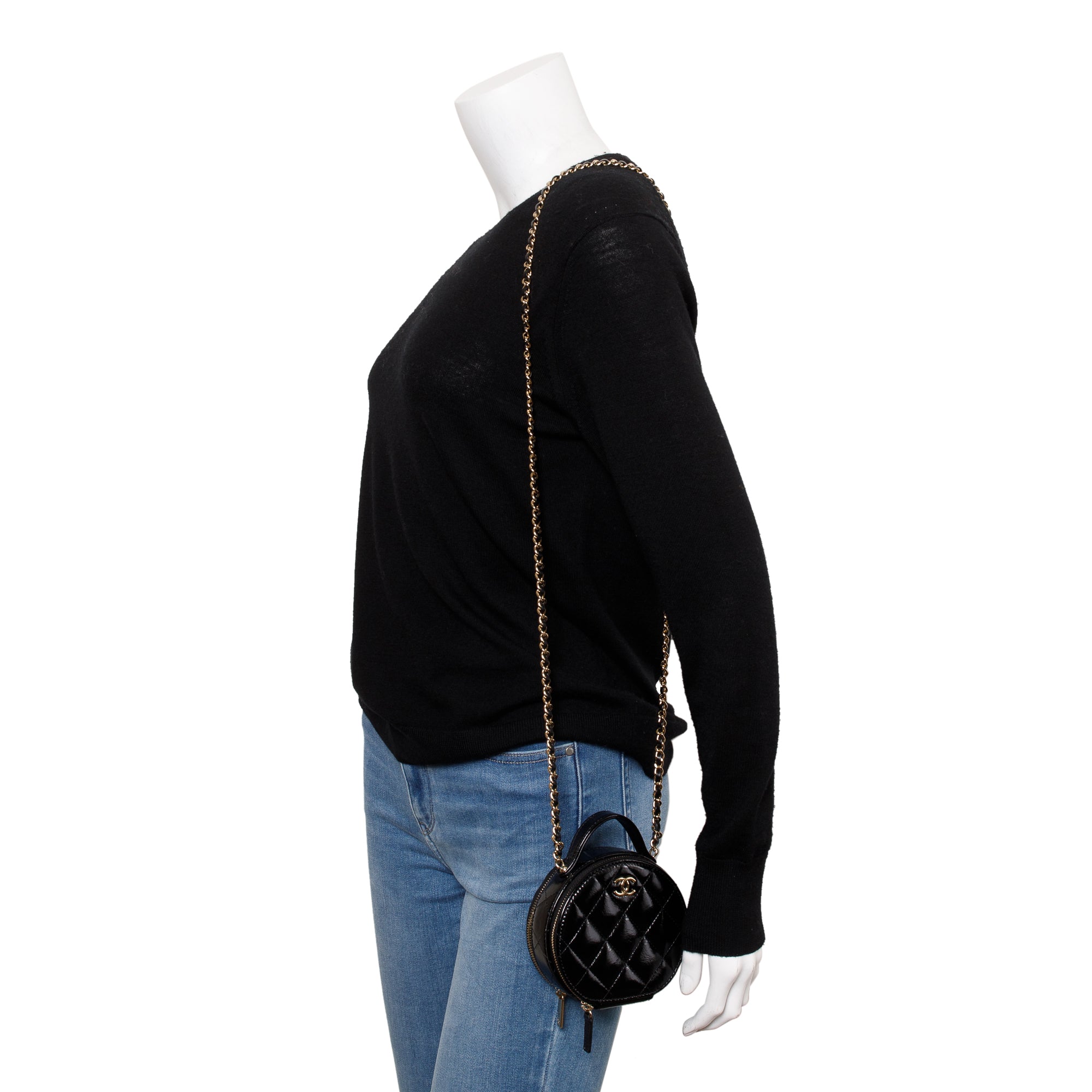 Chanel 2023 Black Lambskin Leather Handle with Care Round Vanity Case