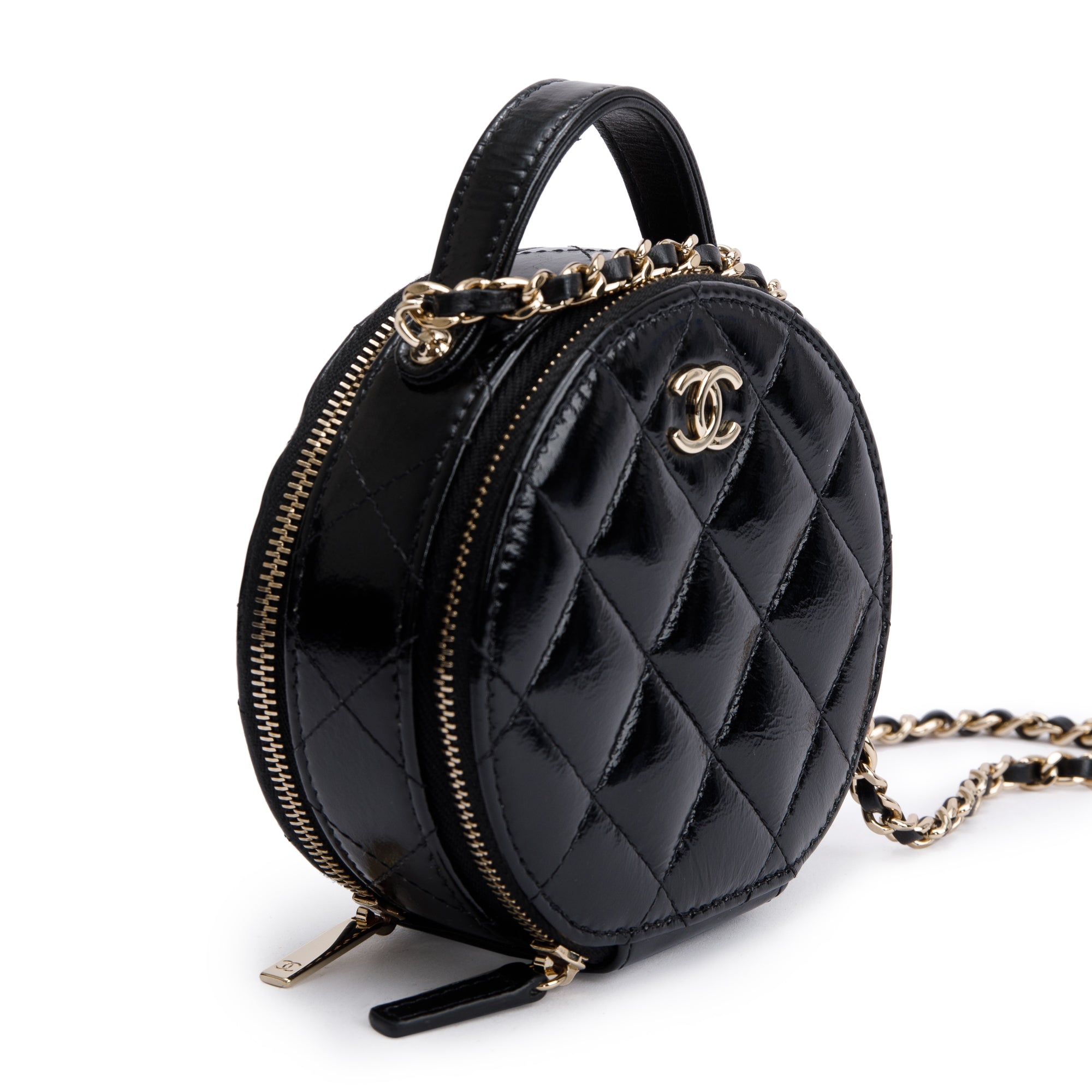 Chanel 2023 Black Lambskin Leather Handle with Care Round Vanity Case