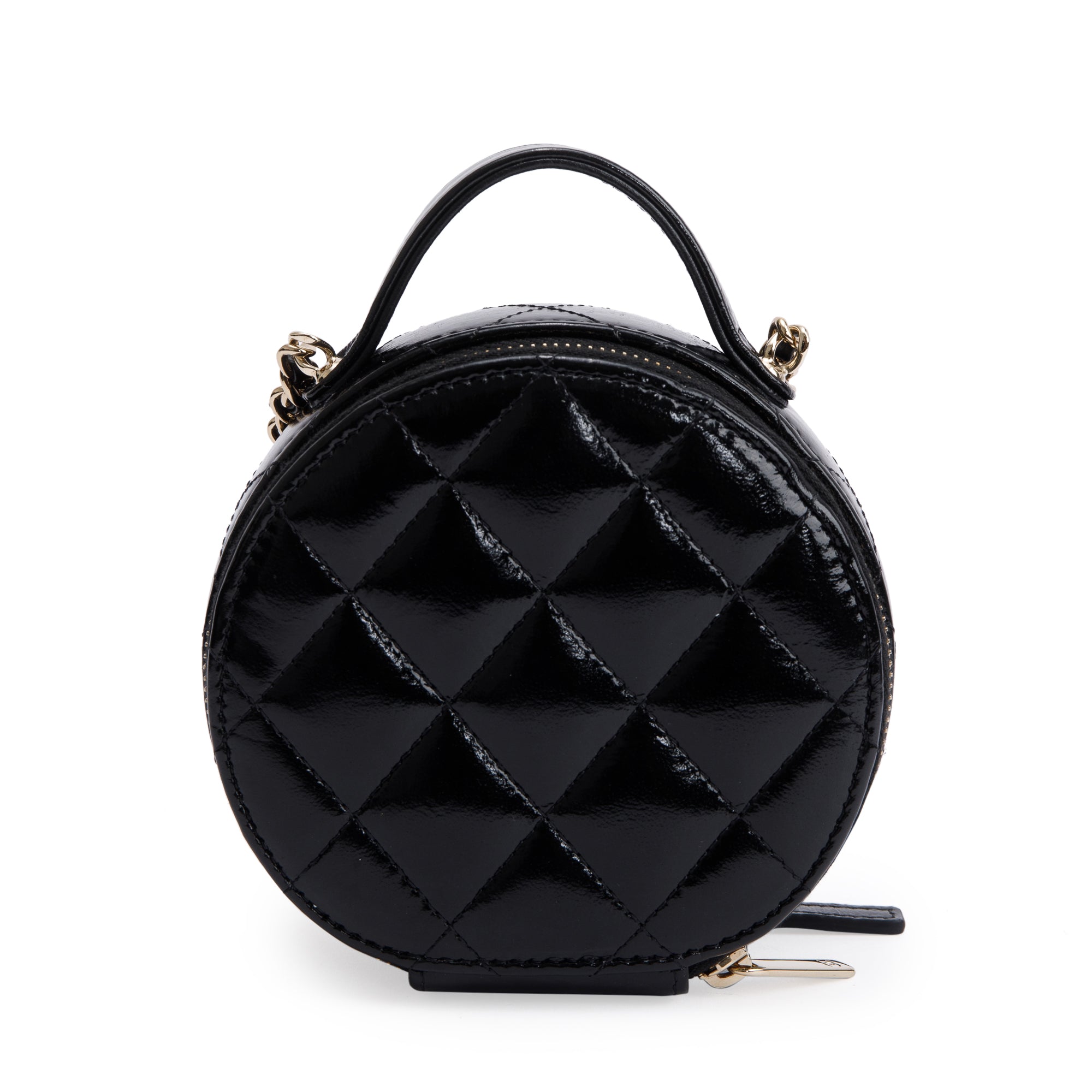 Chanel 2023 Black Lambskin Leather Handle with Care Round Vanity Case