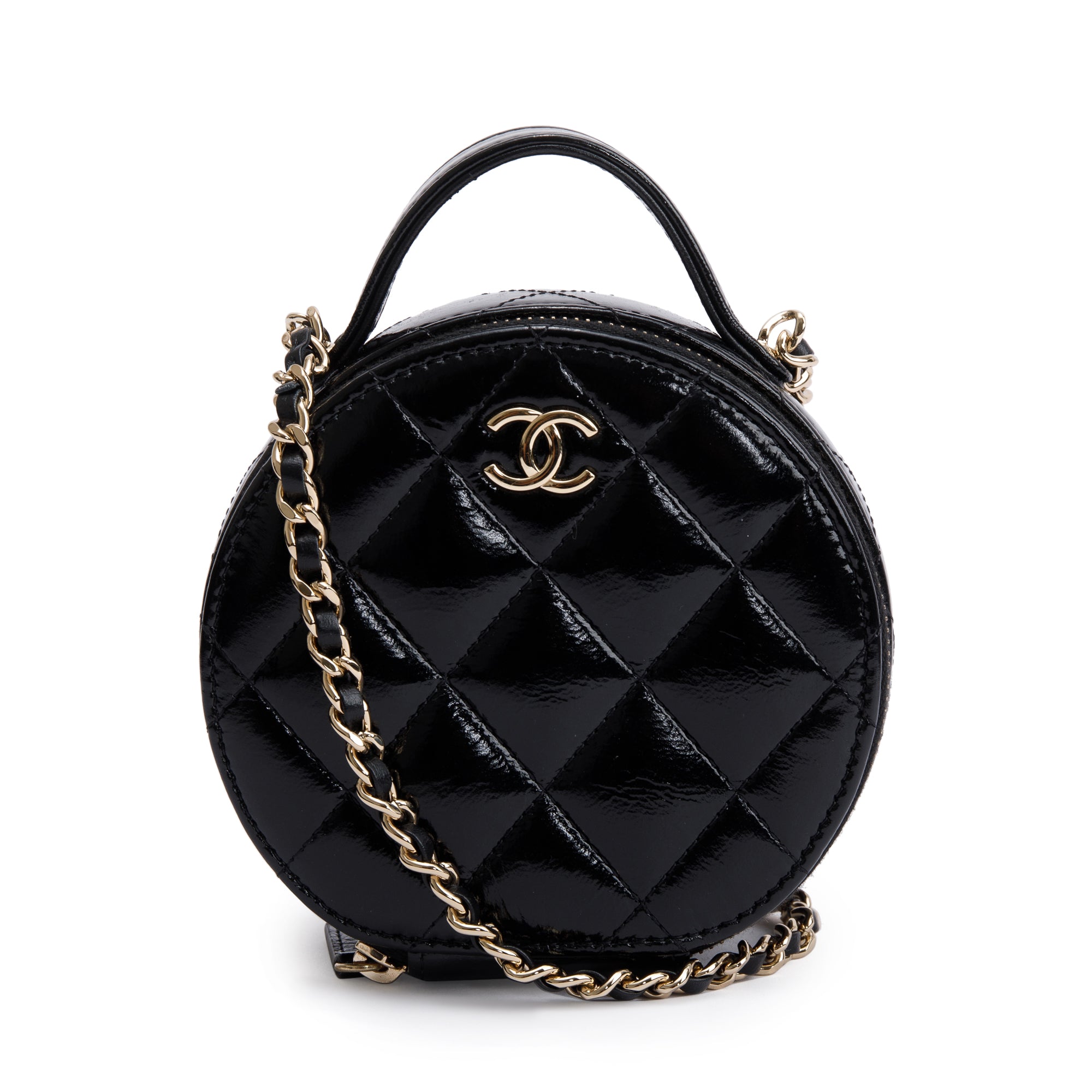 Chanel 2023 Black Lambskin Leather Handle with Care Round Vanity Case