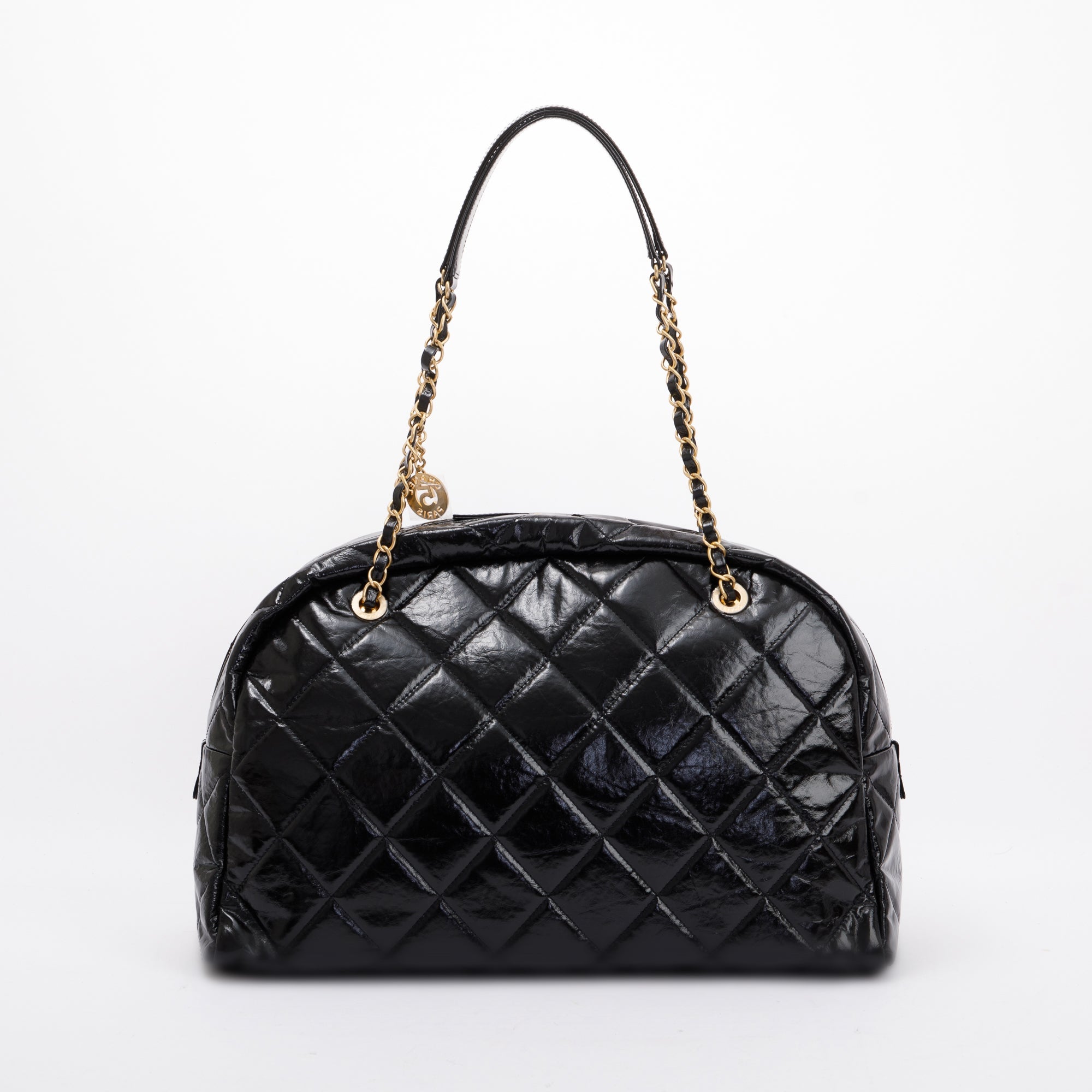 Chanel 2023 Black Patent Leather Maxi Bowling Bag
