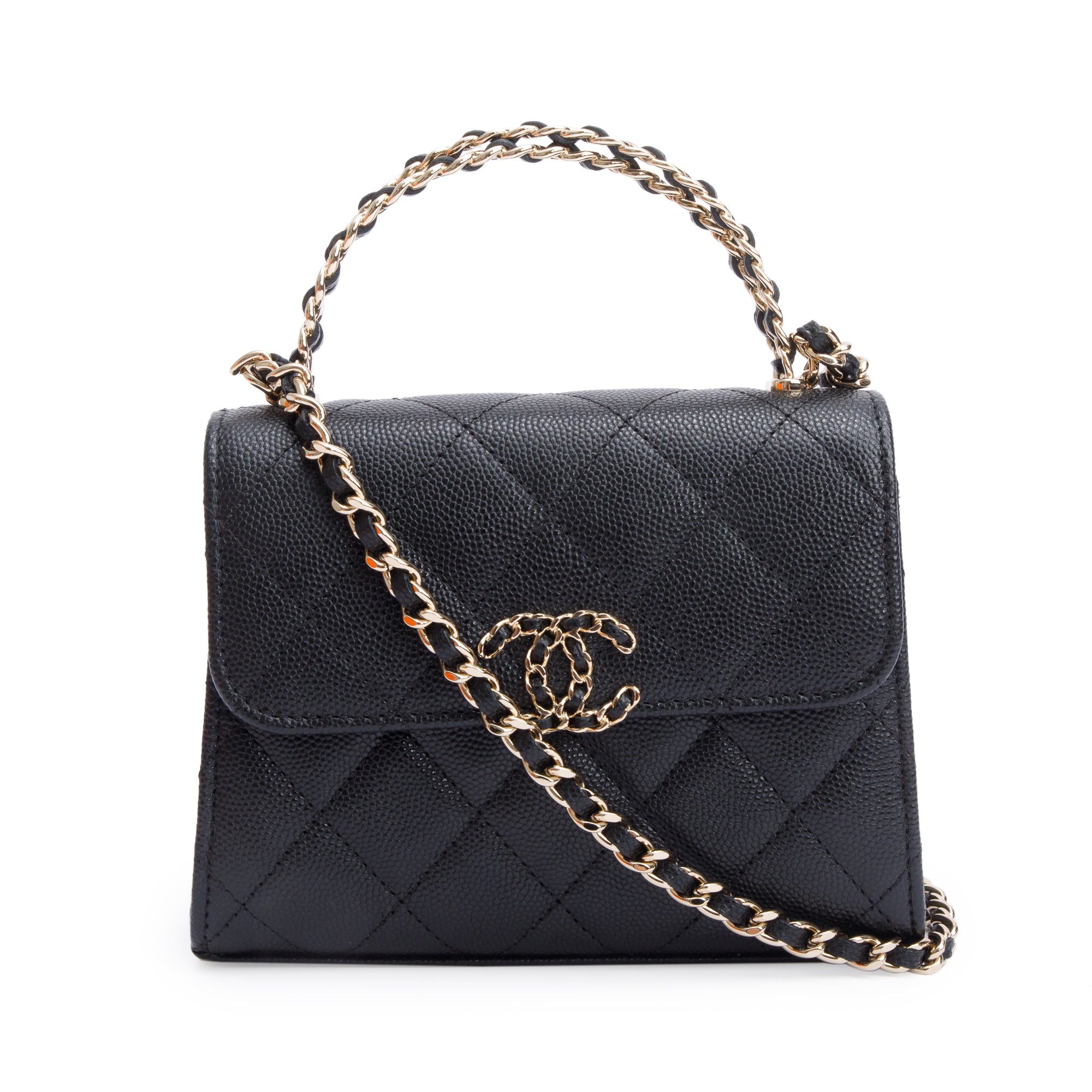 Chanel 2023 Black Quilted Caviar Leather Chain Top Handle on Chain w/ Box