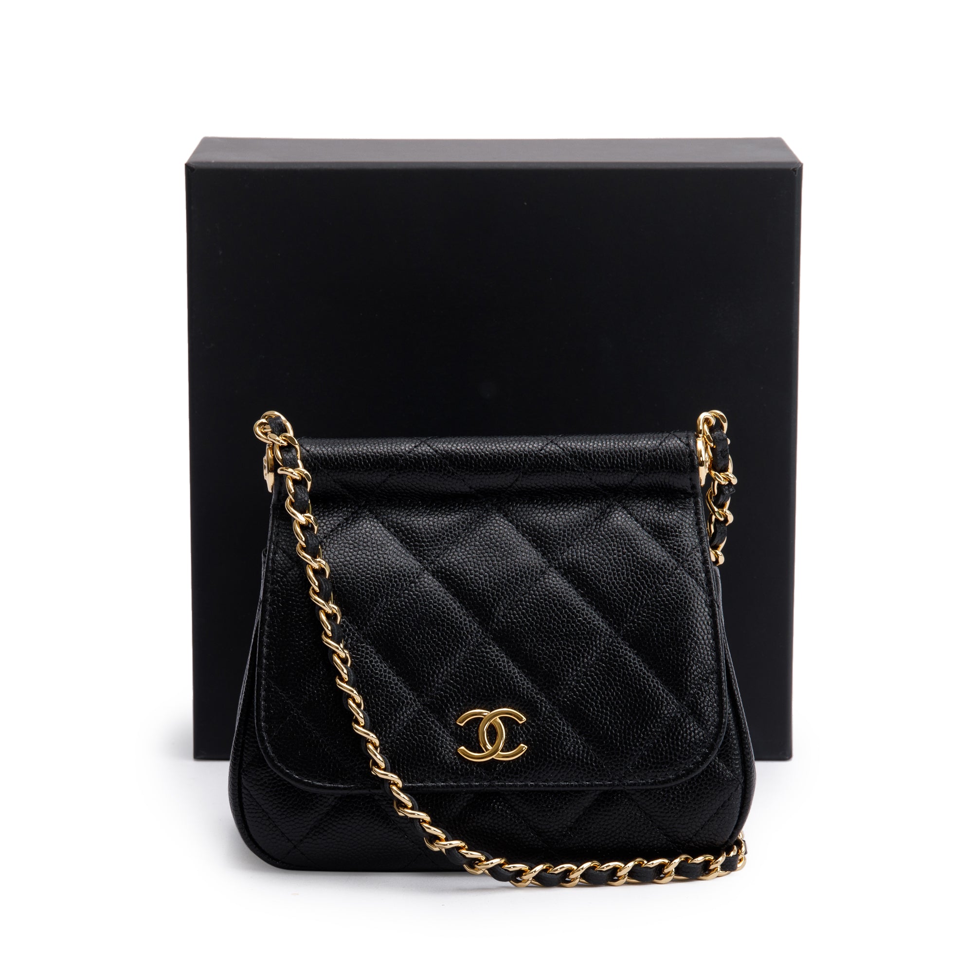Chanel 2023 Black Quilted Caviar Micro Clutch with Chain w/ Box