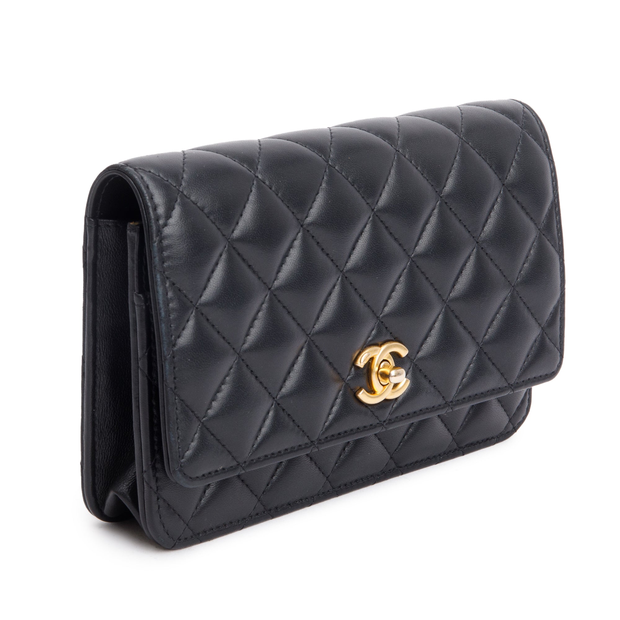 Chanel 2023 Black Quilted Lambskin Leather CC Pearl Crush Classic Wallet on Chain