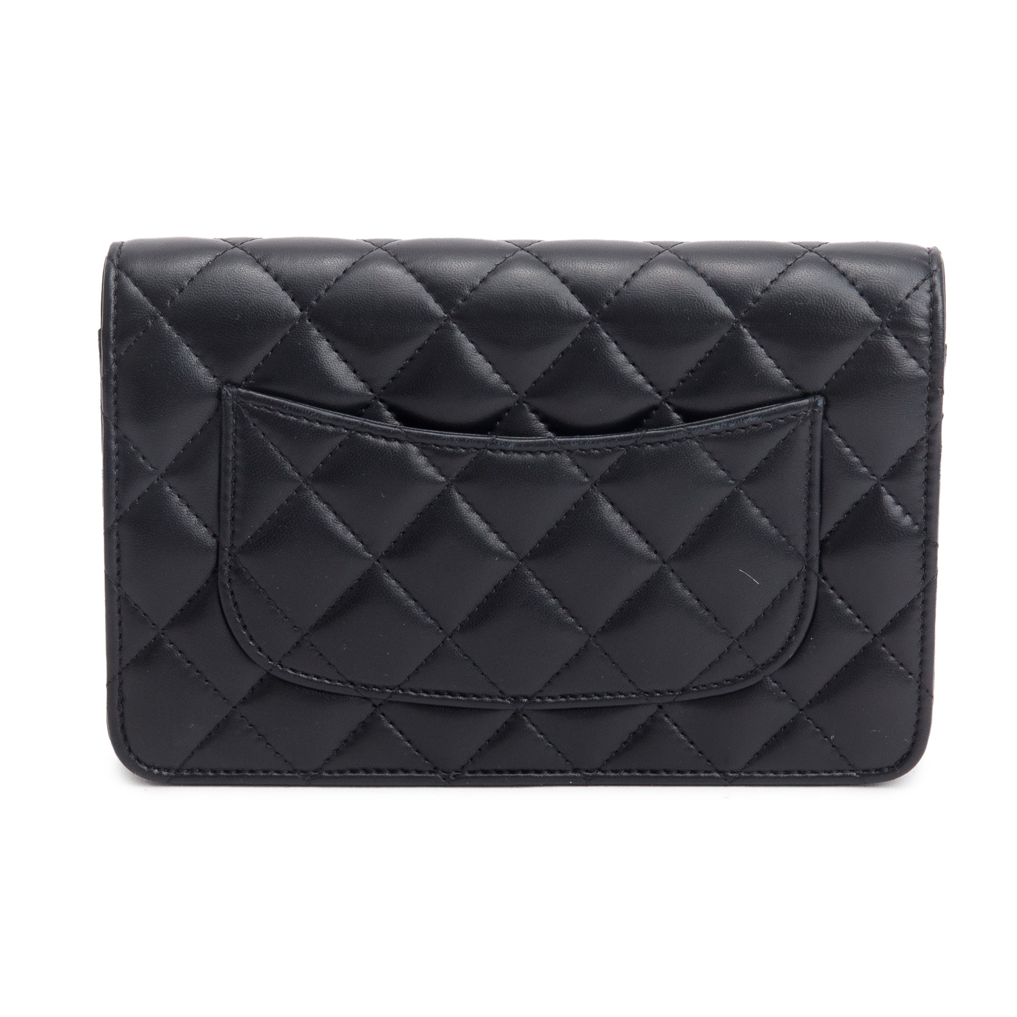 Chanel 2023 Black Quilted Lambskin Leather CC Pearl Crush Classic Wallet on Chain