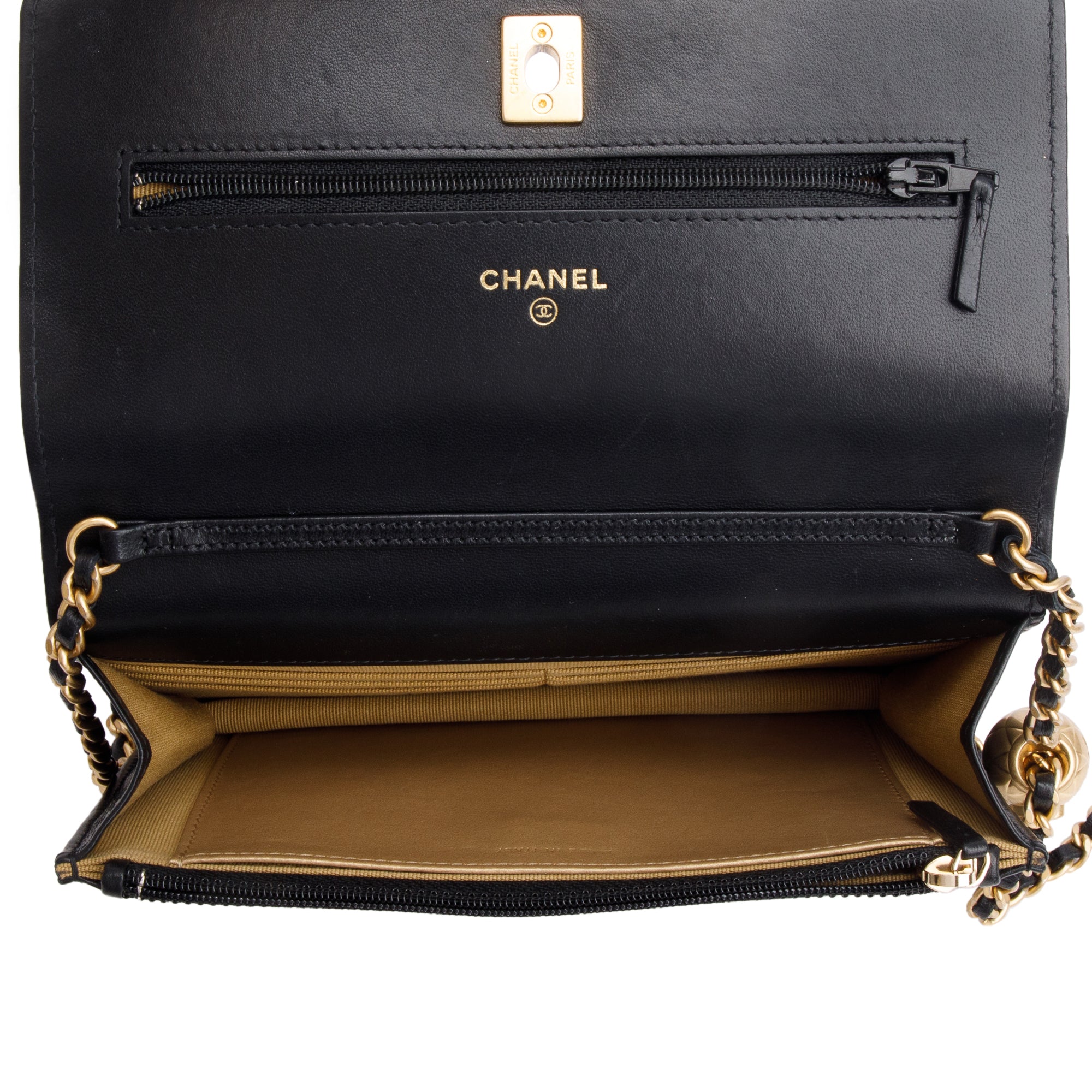 Chanel 2023 Black Quilted Lambskin Leather CC Pearl Crush Classic Wallet on Chain