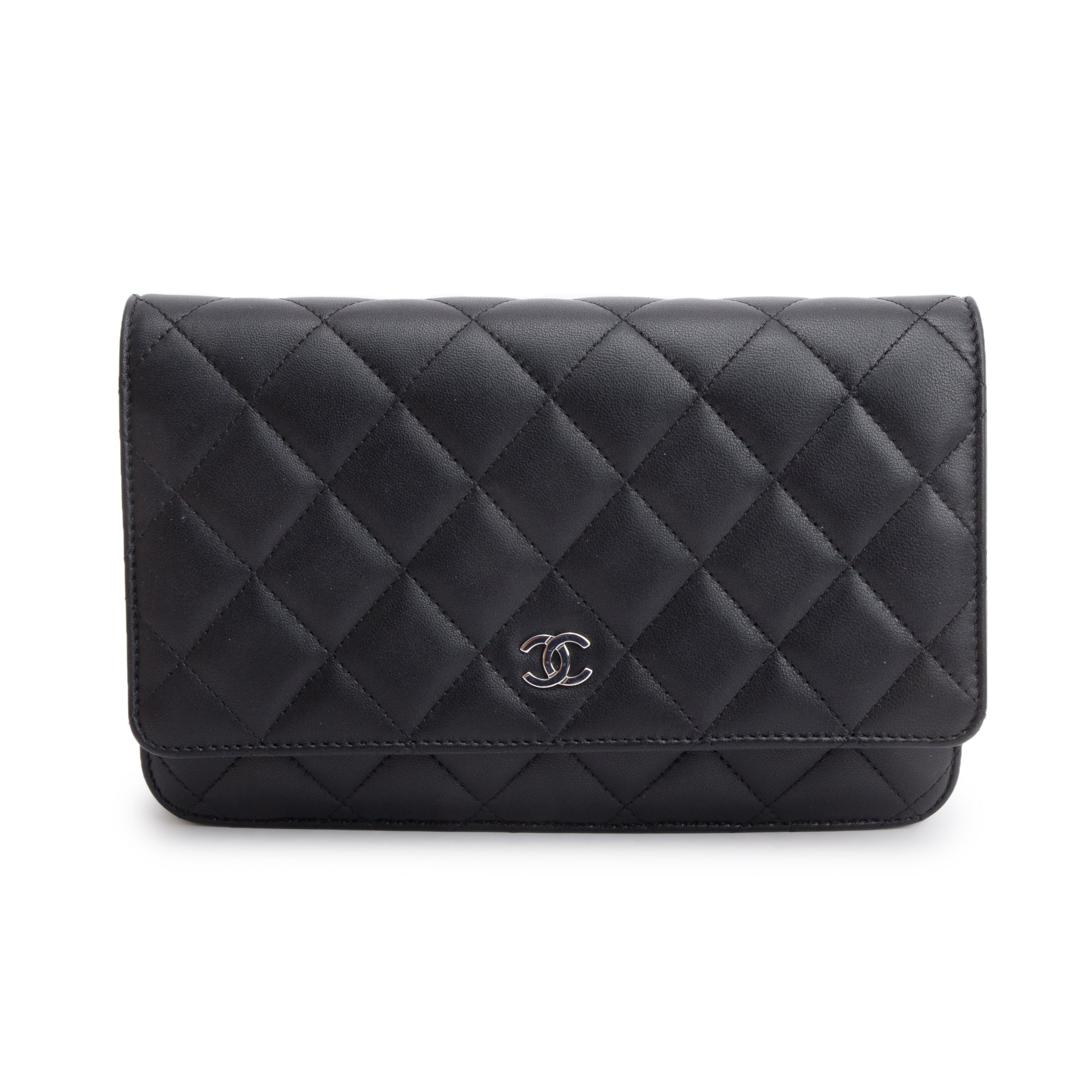 Chanel 2023 Black Quilted Lambskin Leather Classic Wallet on Chain w/ Box
