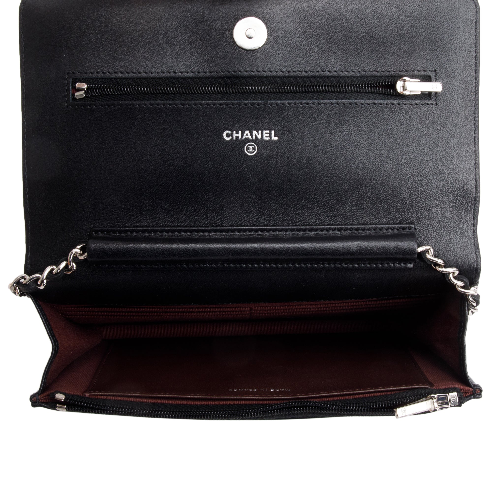 Chanel 2023 Black Quilted Lambskin Leather Classic Wallet on Chain w/ Box