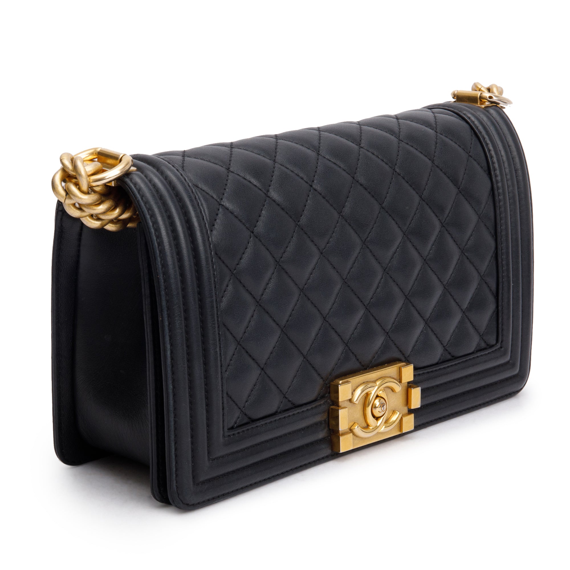 Chanel 2023 Black Quilted Lambskin Leather Medium Boy Bag w/ Box