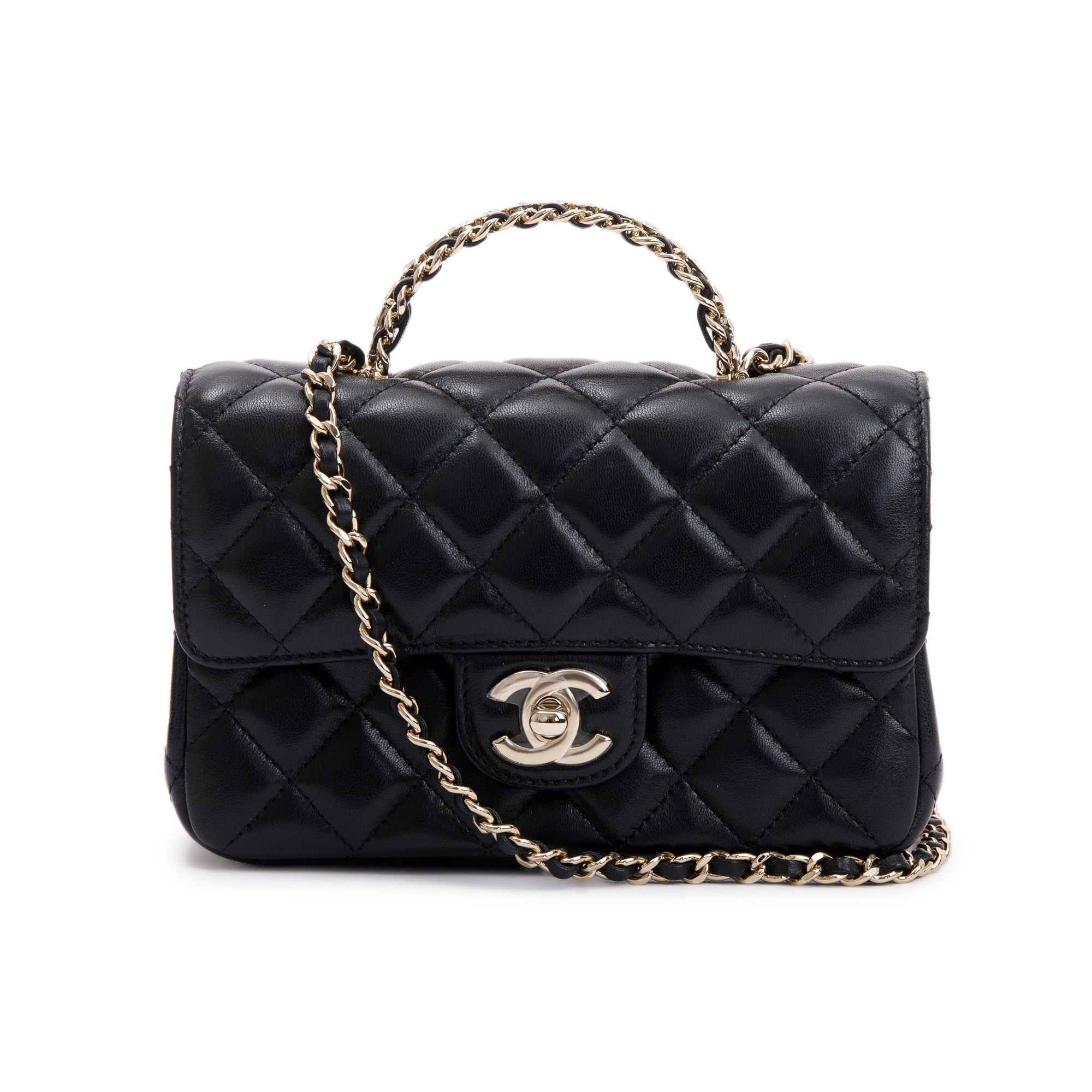 Chanel 2023 Black Quilted Lambskin Mini Crystal Top Handle Rectangular Flap Bag w/ Box & Receipt