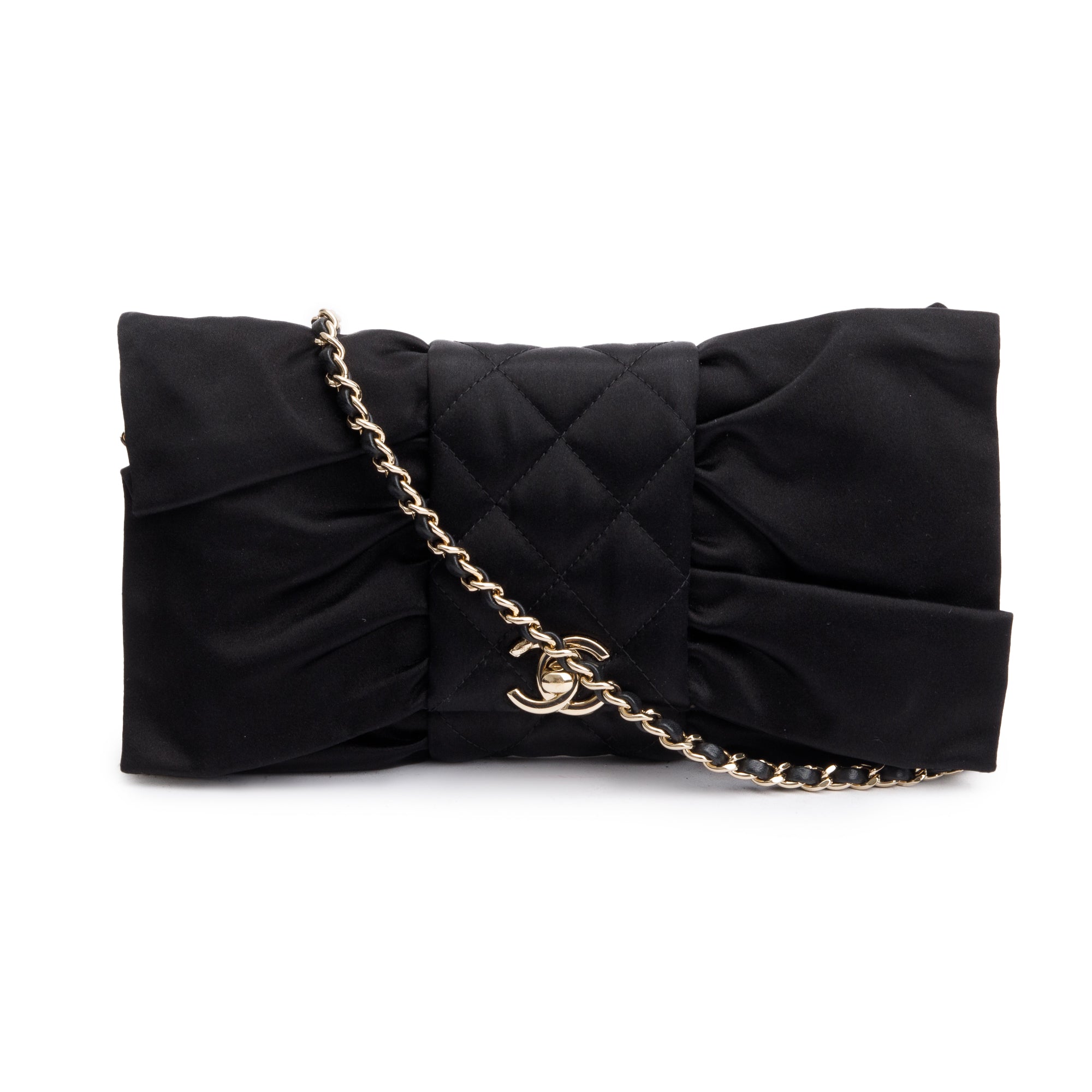 Chanel 2023 Black Quilted Satin Bow Clutch Crossbody