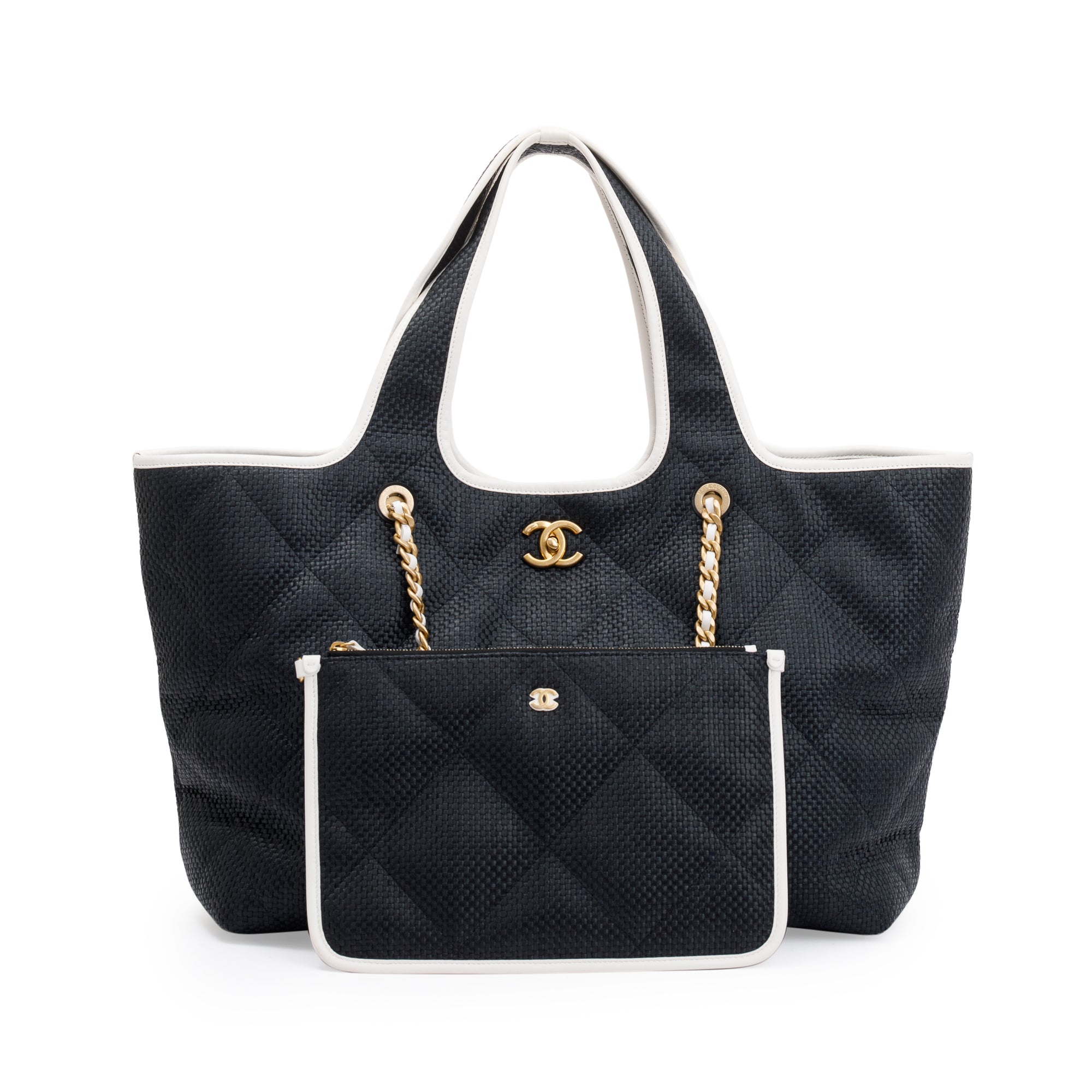 Chanel 2023 Black Raffia Calfskin Coco Maxi Beach Shopping Tote w/ Pouch