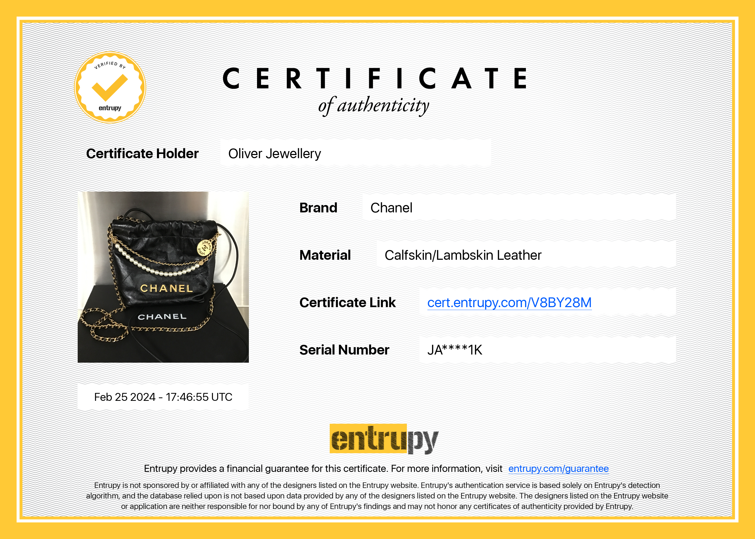 Chanel 2023 Black Shiny Calfskin Leather Mini Pearl Chanel 22 w/ Box