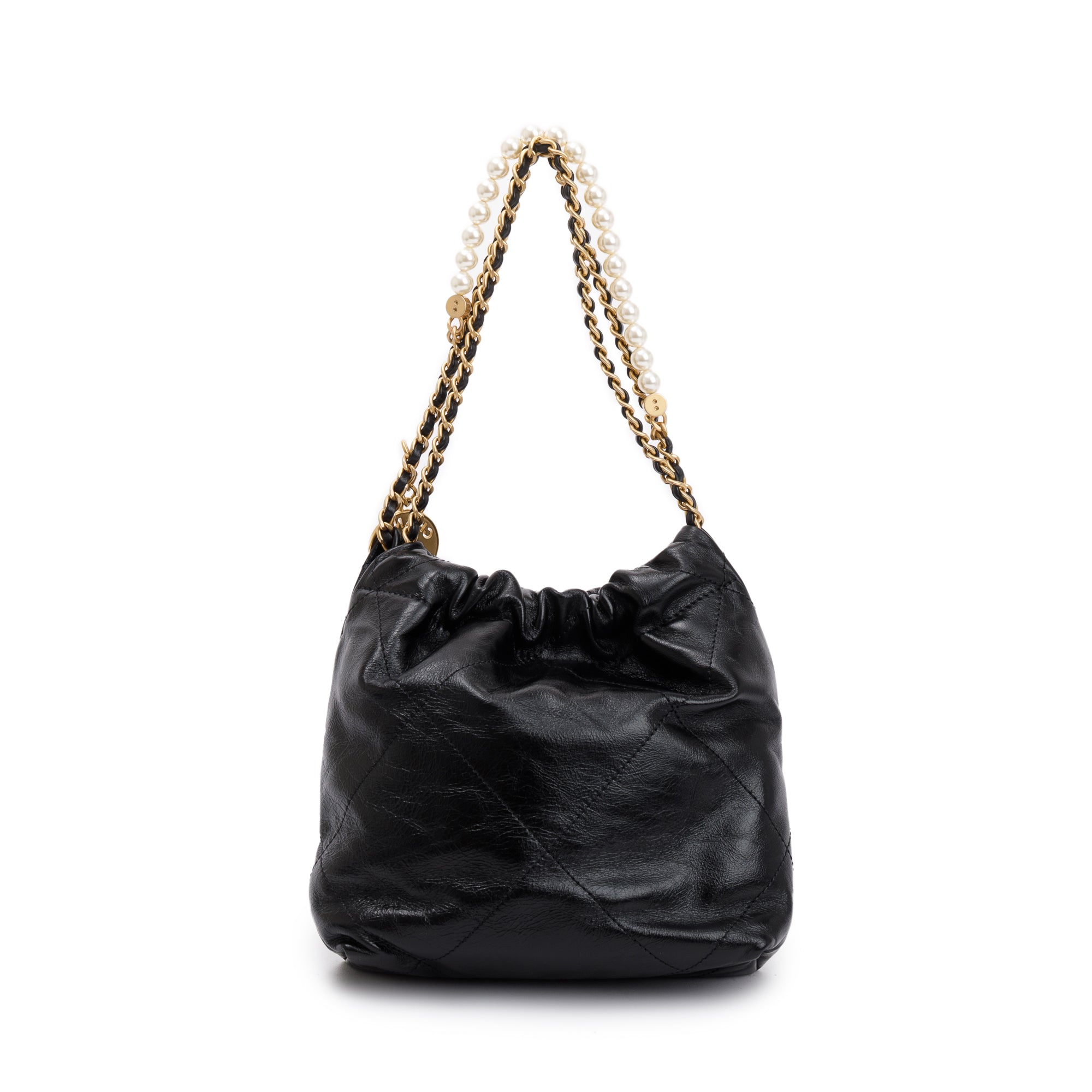 Chanel 2023 Black Shiny Calfskin Leather Mini Pearl Chanel 22 w/ Box