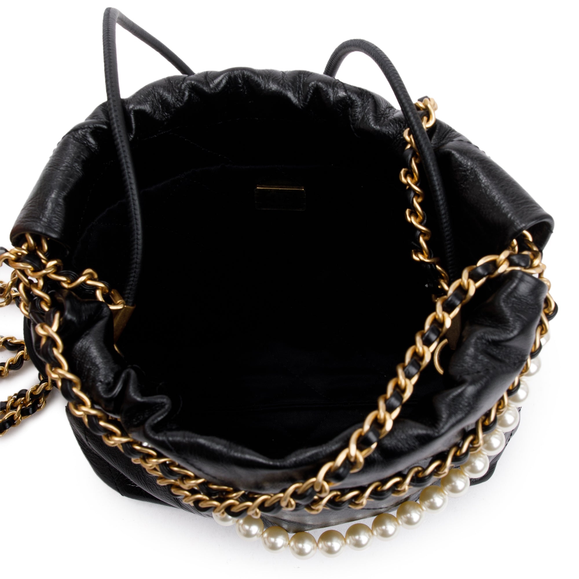 Chanel 2023 Black Shiny Calfskin Leather Mini Pearl Chanel 22 w/ Box