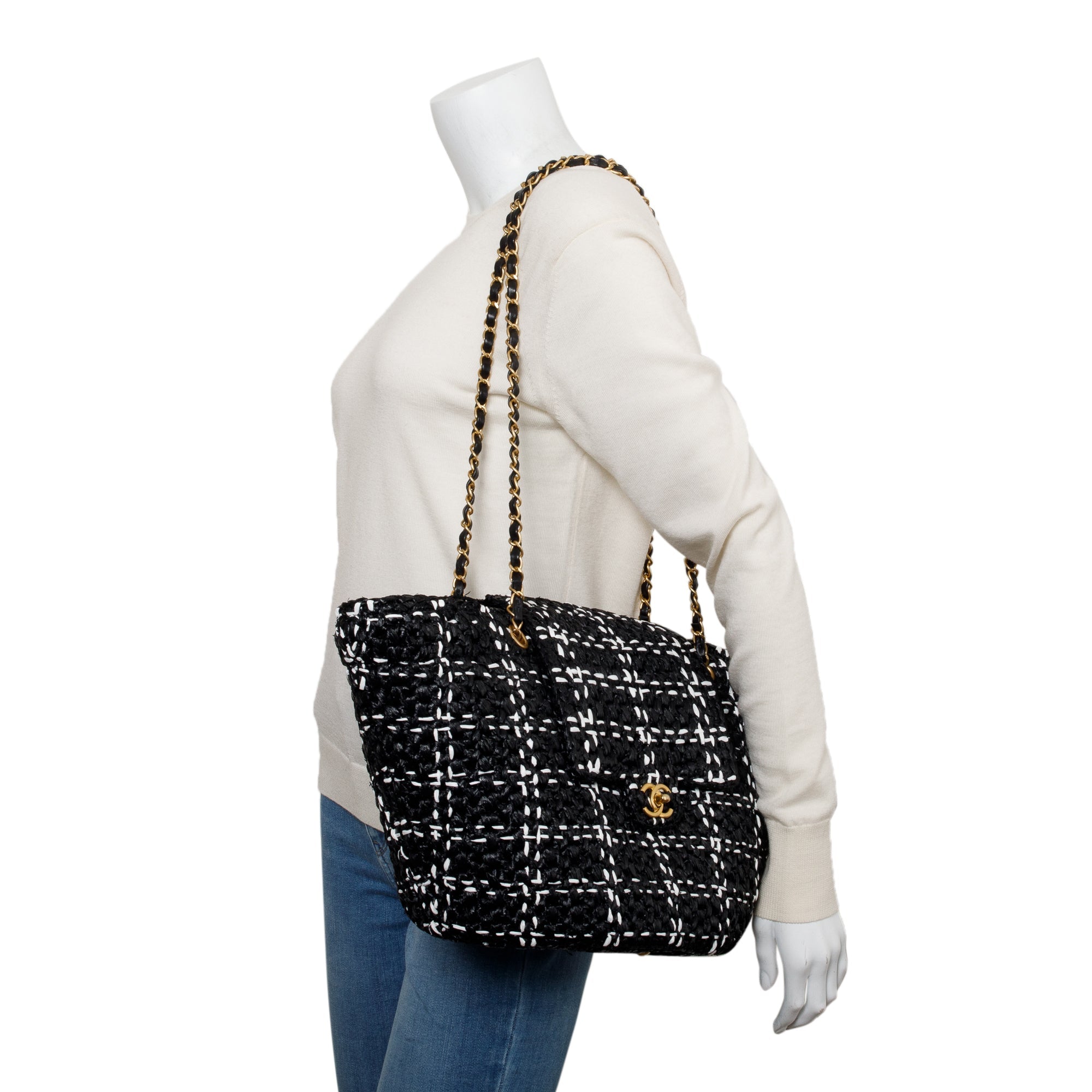 Chanel 2023 Black/White Raffia Calfskin CC Flap Tote w/ Box & Receipt