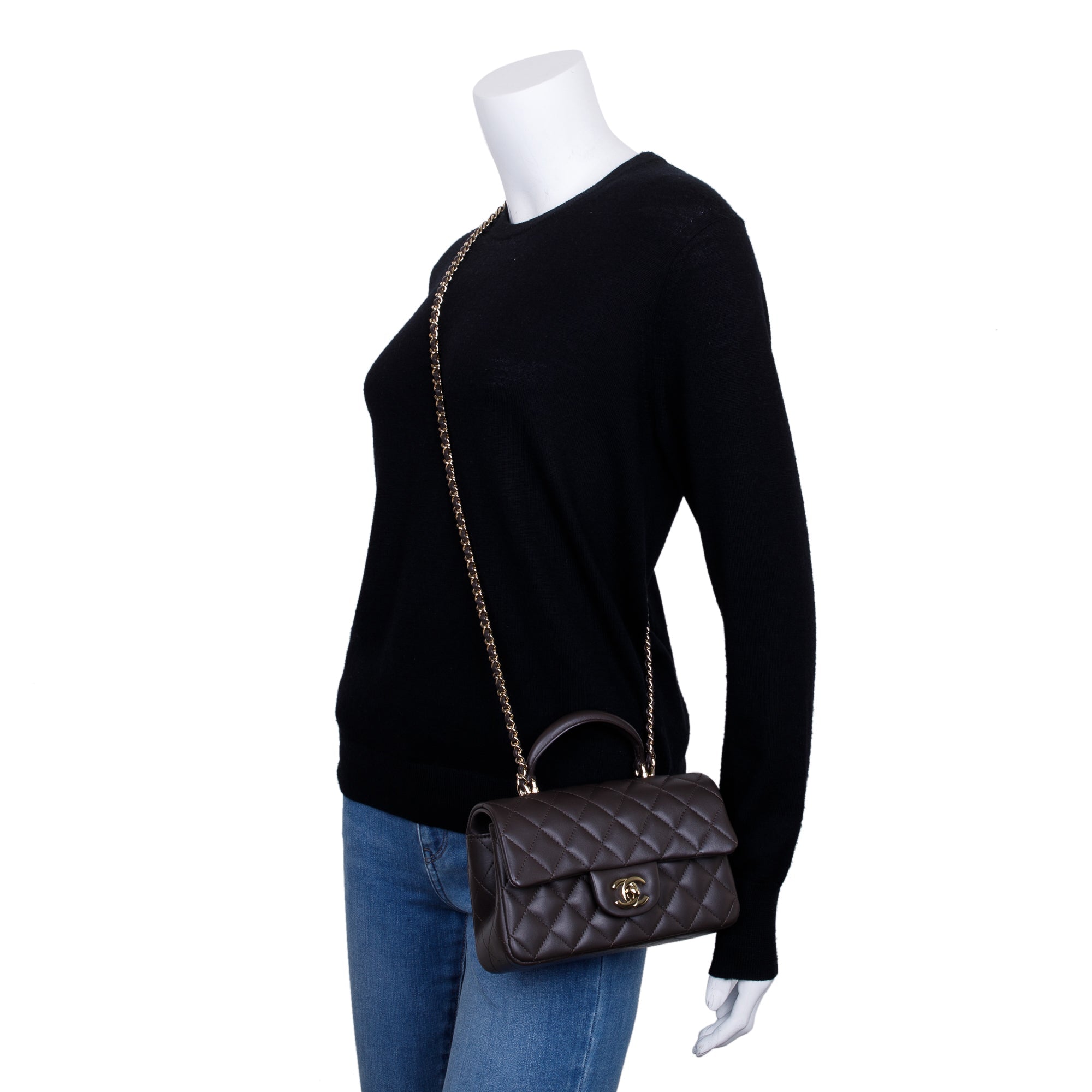 Chanel 2023 Brown Quilted Lambskin Leather Mini Top Handle Rectangular Flap Bag w/ Box