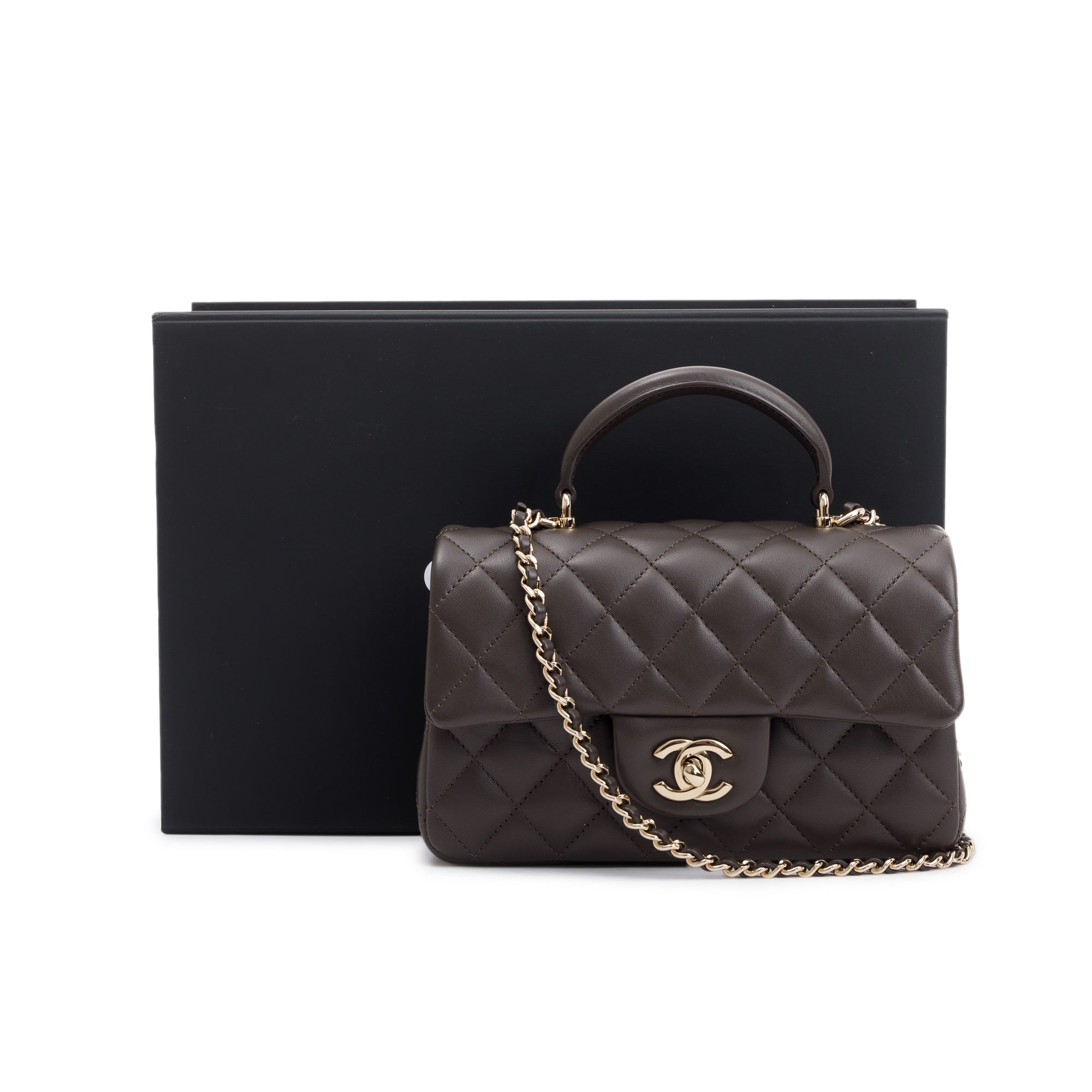 Chanel 2023 Brown Quilted Lambskin Leather Mini Top Handle Rectangular Flap Bag w/ Box