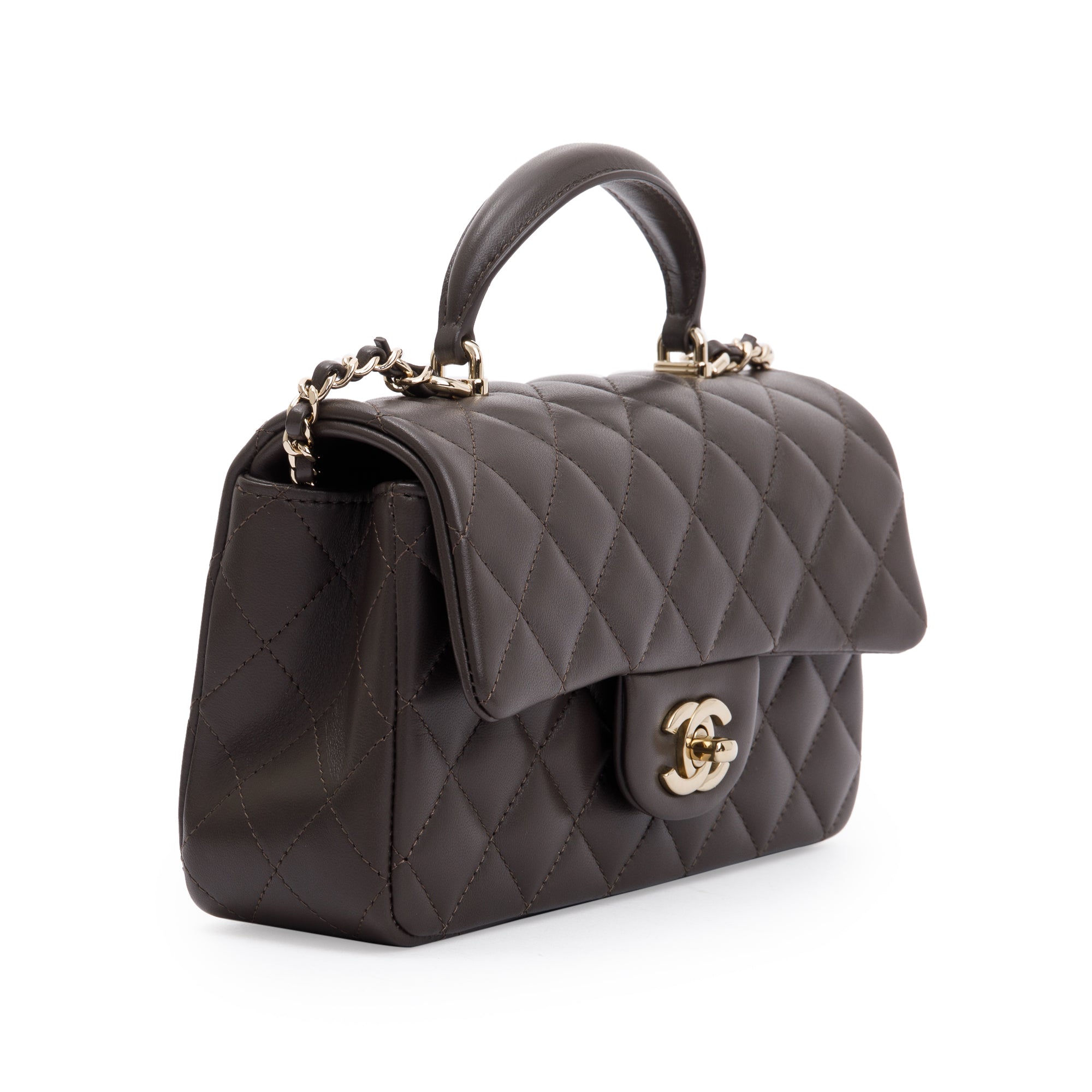 Chanel 2023 Brown Quilted Lambskin Leather Mini Top Handle Rectangular Flap Bag w/ Box