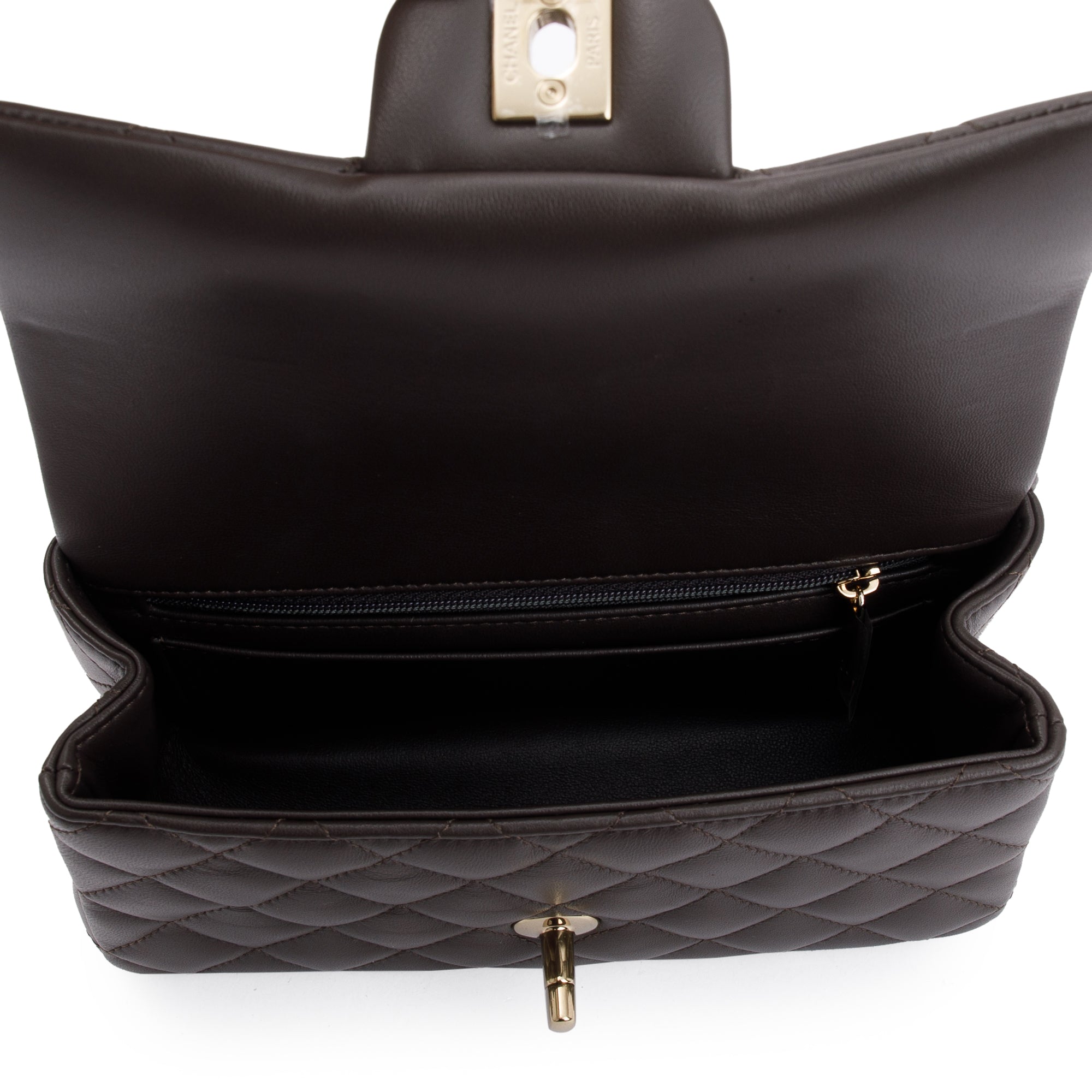 Chanel 2023 Brown Quilted Lambskin Leather Mini Top Handle Rectangular Flap Bag w/ Box